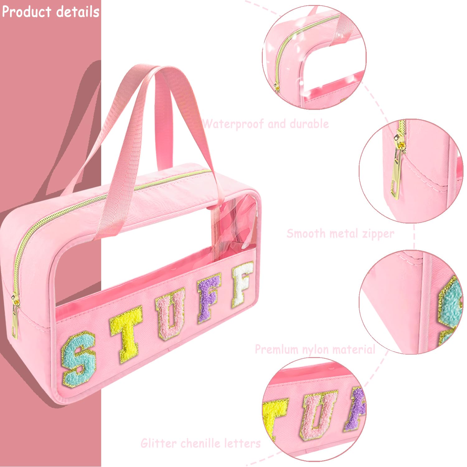 Waterproof Nylon Clear Makeup Bag with Handle - Travel Toiletry & Cosmetic Organizer for Women (Pink) - Perfect for Gym & Weekend Trips