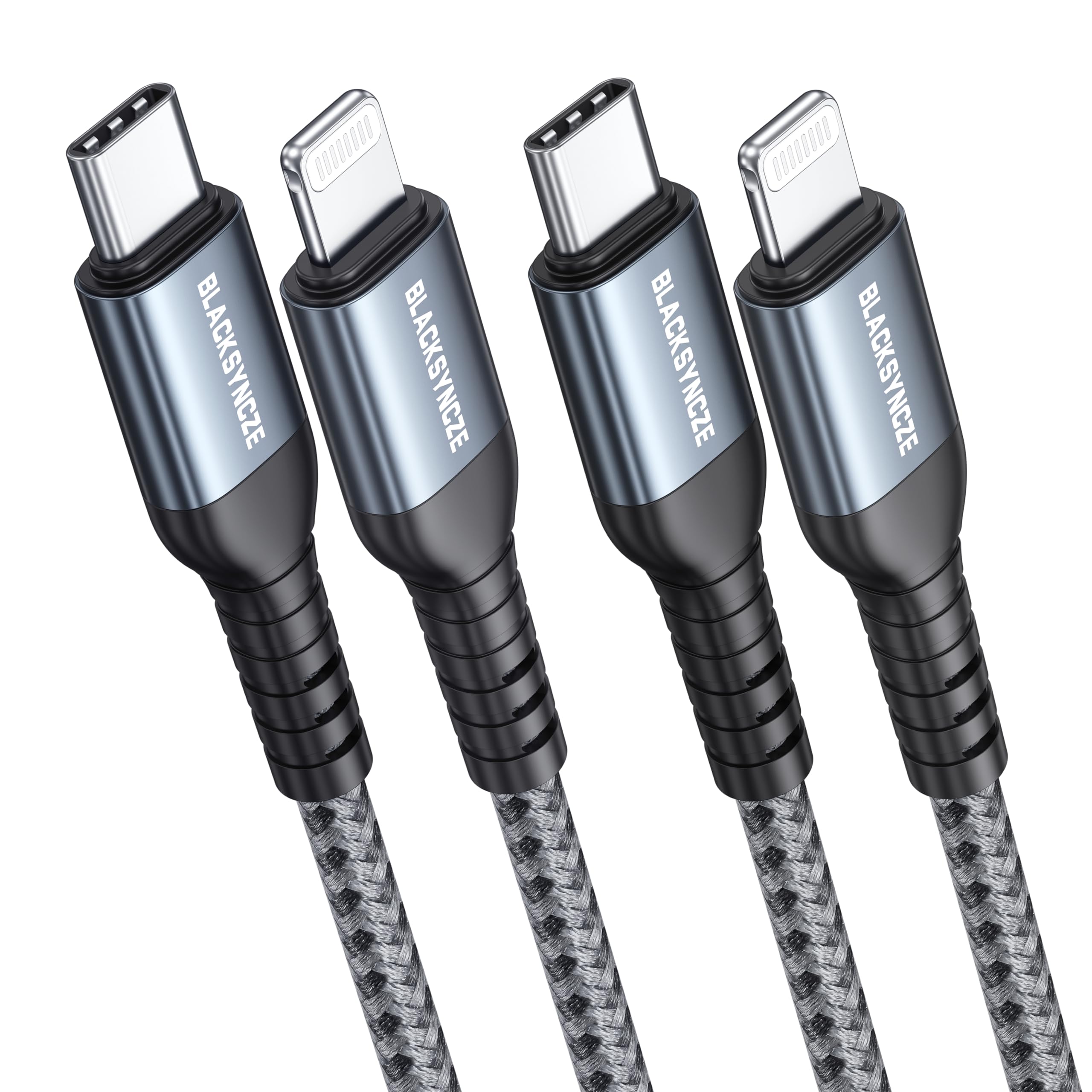 BLACKSYNCZE MFi Certified USB C to Lightning Cable (2-Pack, 6.6ft) - Nylon Braided Fast Charging Cable for iPhone 13/12/11 Pro Max/Mini/XR/XS/X/8 Plus/SE 2020 - PD Compatible, Durable Grey Charger for Home, Office & Travel