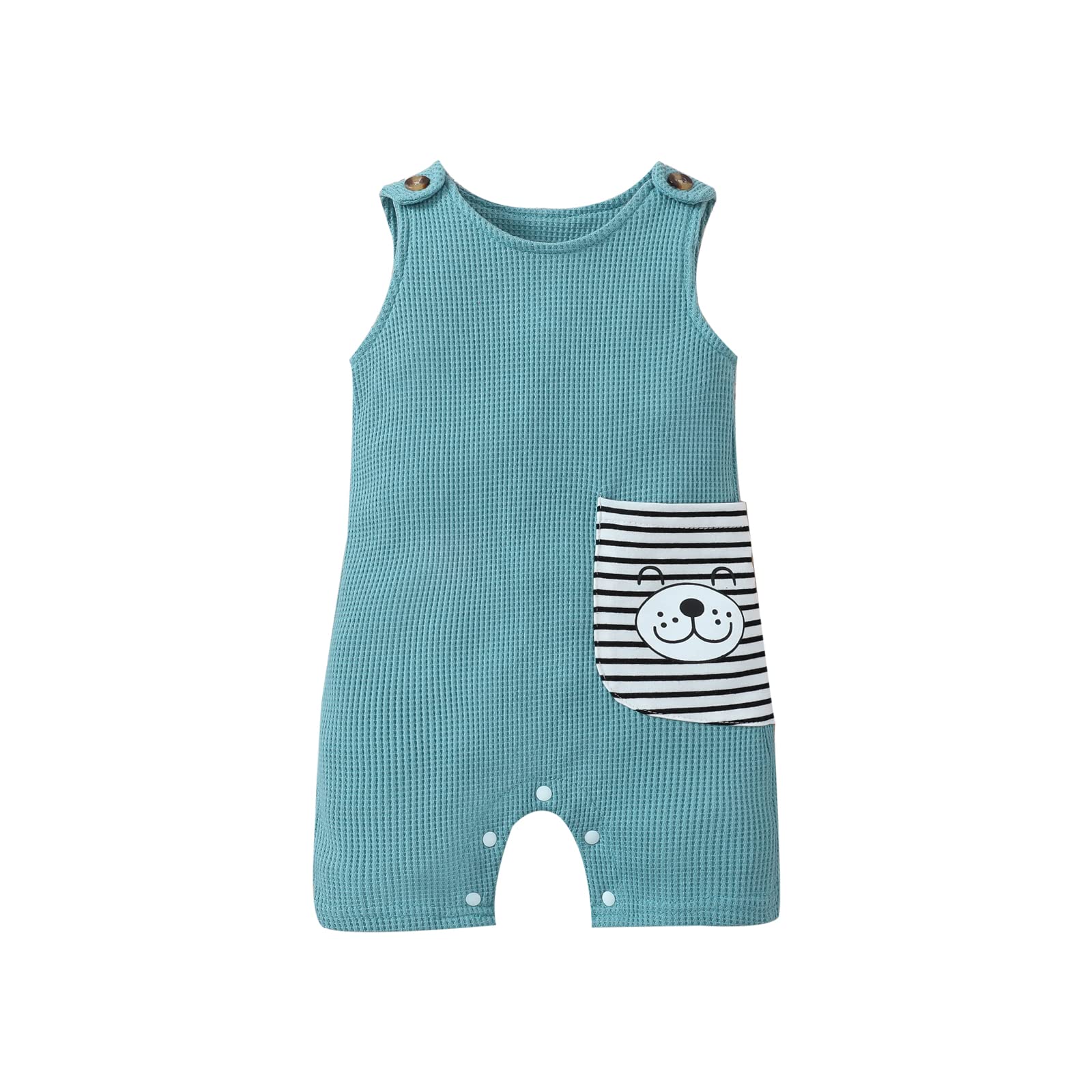 Baby Sleeveless Waffle Bodysuit - Soft Cotton Round Neck Animal Print Onesie with Snap Crotch & Pocket | Newborn Striped Short Jumpsuit for Playtime, Summer Outfits & Photo Shoots