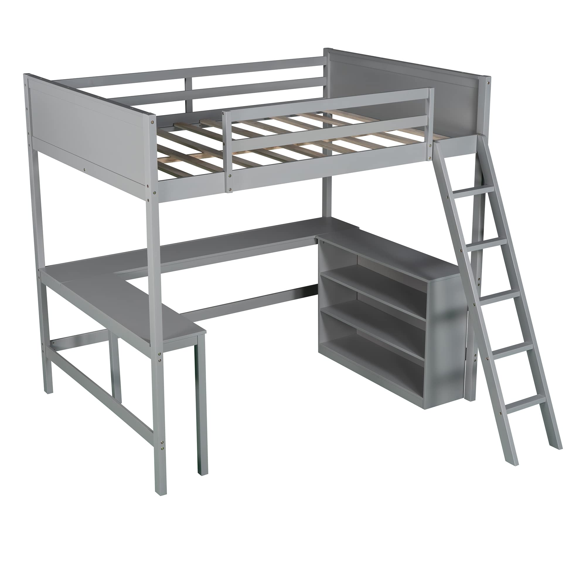 Full Size Loft Bed with Built-in Desk & Storage Shelves - Sturdy Wooden Bunk Bed with Safety Guardrails & Angle Ladders for Kids & Teens - No Box Spring Needed (Gray) - Perfect for Small Bedrooms, Dorm Rooms & Space-Saving Kids' Rooms