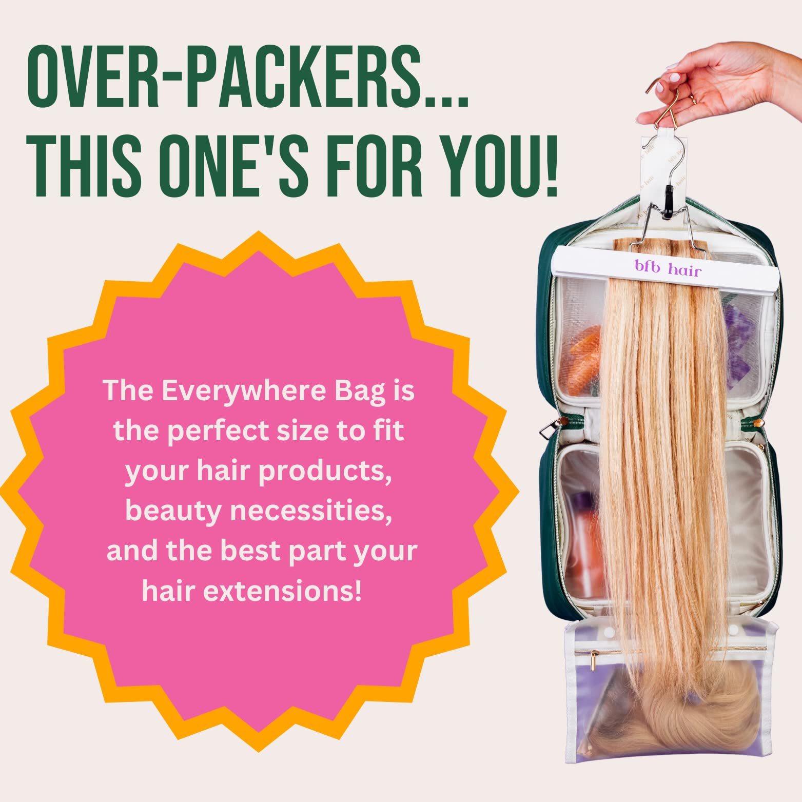 BFB Everywhere Hanging Toiletry Bag - Water-resistant Travel Cosmetic Organizer for Makeup, Shampoo & Full-Sized Toiletries (Green) | Perfect for Air Travel, Camping & Gym Essentials