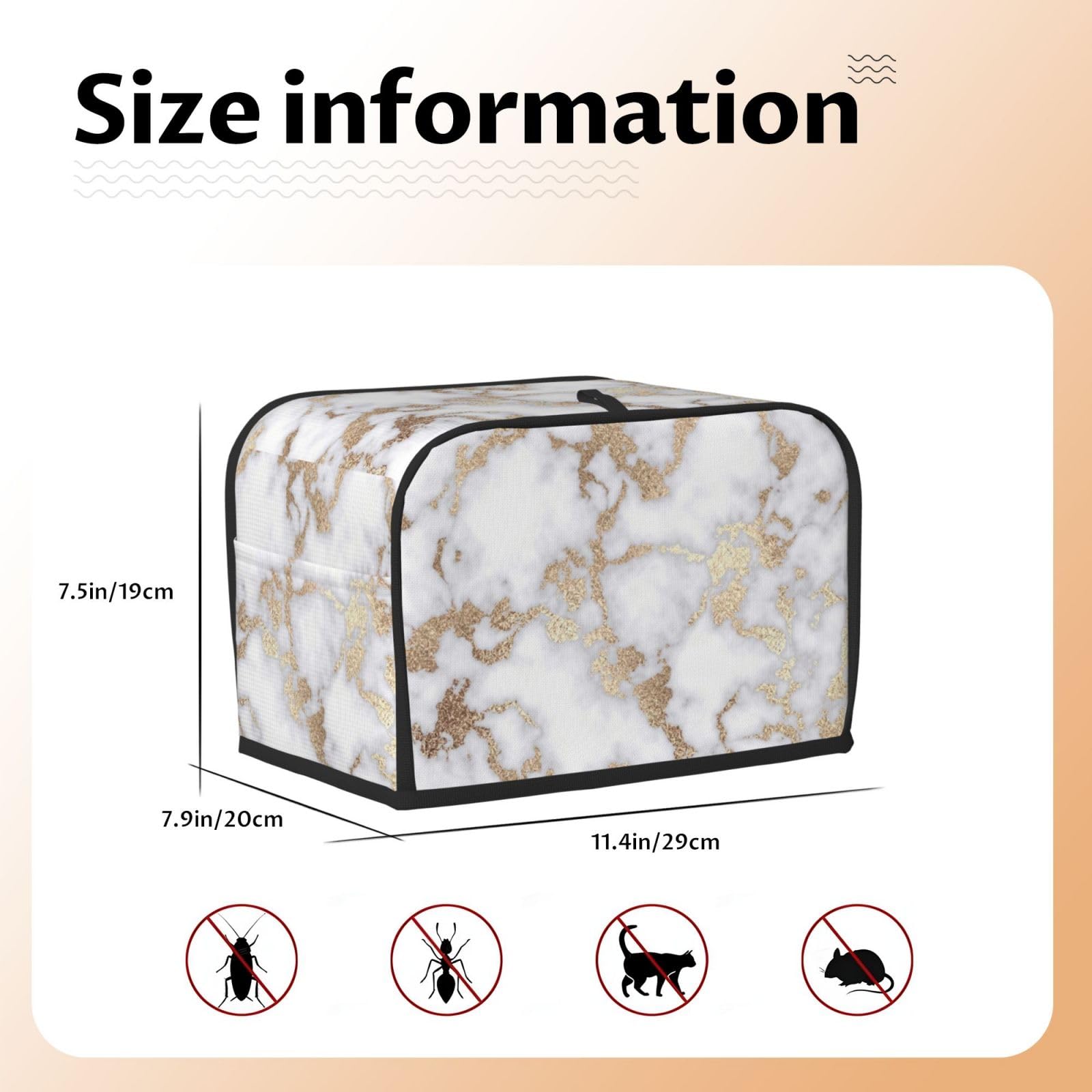 Stylish White Gold Foil Marble Toaster Cover with Pockets - Quilted Polyester 2-Slice Toaster Dust Cover for Kitchen Appliances, Microwave & Small Electronics - Perfect for Home Decor & Women's Gifts (Fingerprint Protection & Dustproof)