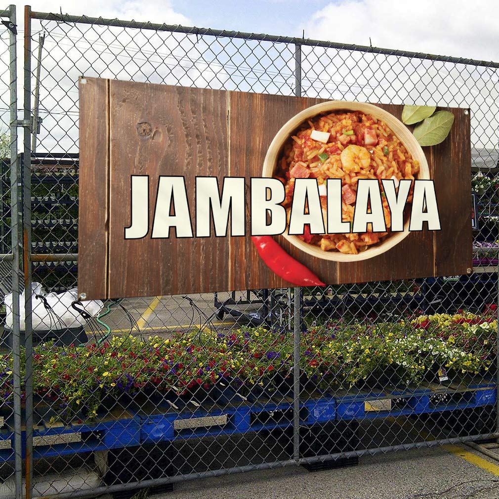 Vinyl Banner 48x96 Inches - Weatherproof Outdoor Advertising Sign with 8 Grommets for Restaurants, Food Businesses & Industrial Yard Use - Durable Jambalaya A Printing for All Weather Conditions | Perfect for Storefronts, Events & Promotions