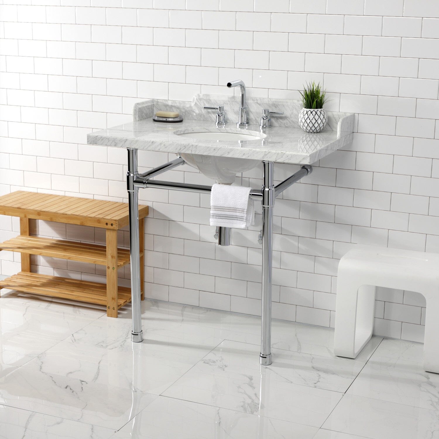 Dreyden 36 Inch Carrara Marble Bathroom Vanity Console Sink with Stainless Steel Legs (8 Inch, 3 Hole) - Perfect for Modern Farmhouse, Luxury Bathroom & Spa Style Decor