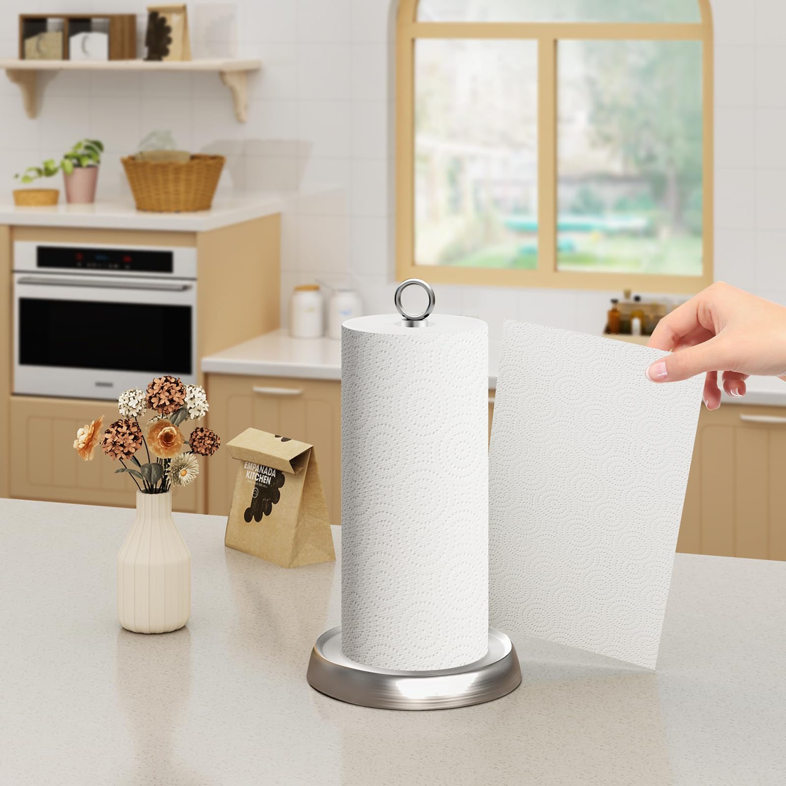 Stainless Steel Paper Towel Holder with Weighted Base - Countertop Towel Stand for Kitchen, Bathroom & Farmhouse Decor - Silver (Perfect for Home, Office & RV Use)