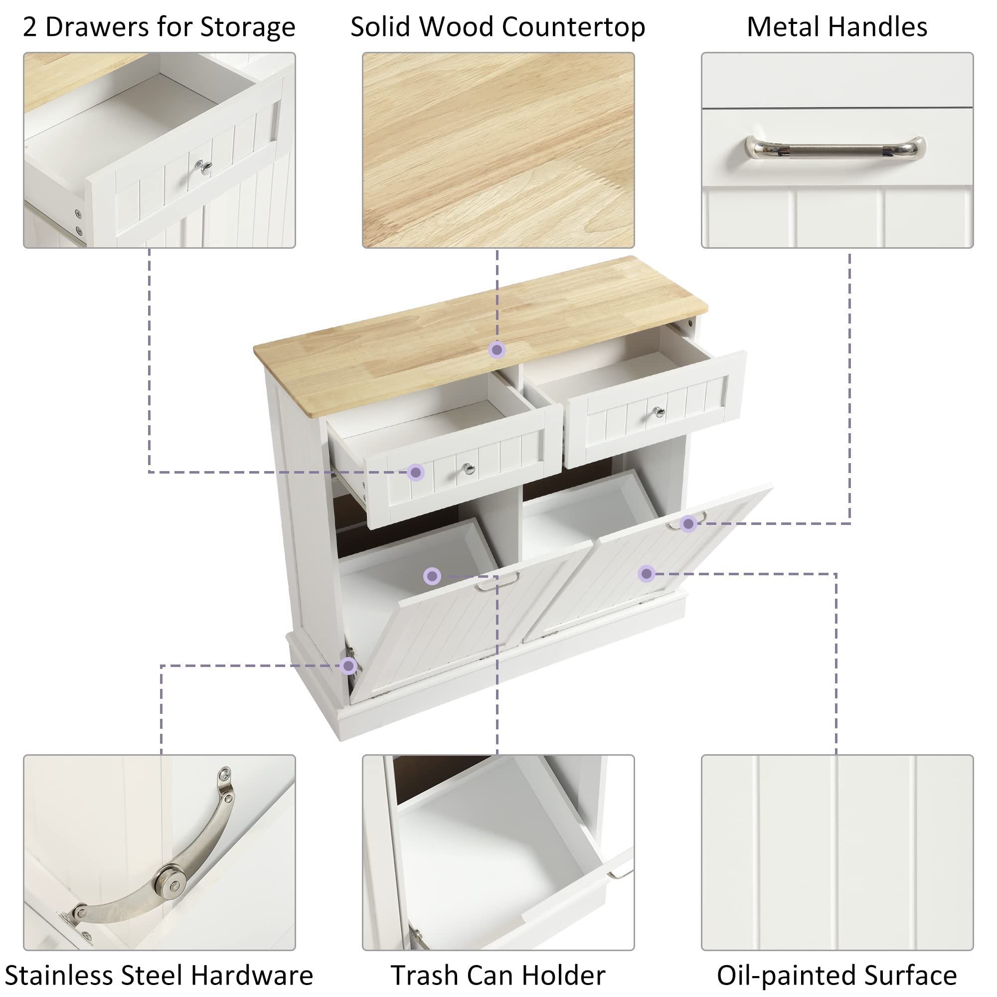 KIGOTY White Double Tilt Out Trash Cabinet - Pet Proof Kitchen Trash Can with Countertop, Drawer & Storage | Wooden Laundry Hamper for Kitchen Organization | Perfect for Small Spaces & Pet-Friendly Homes