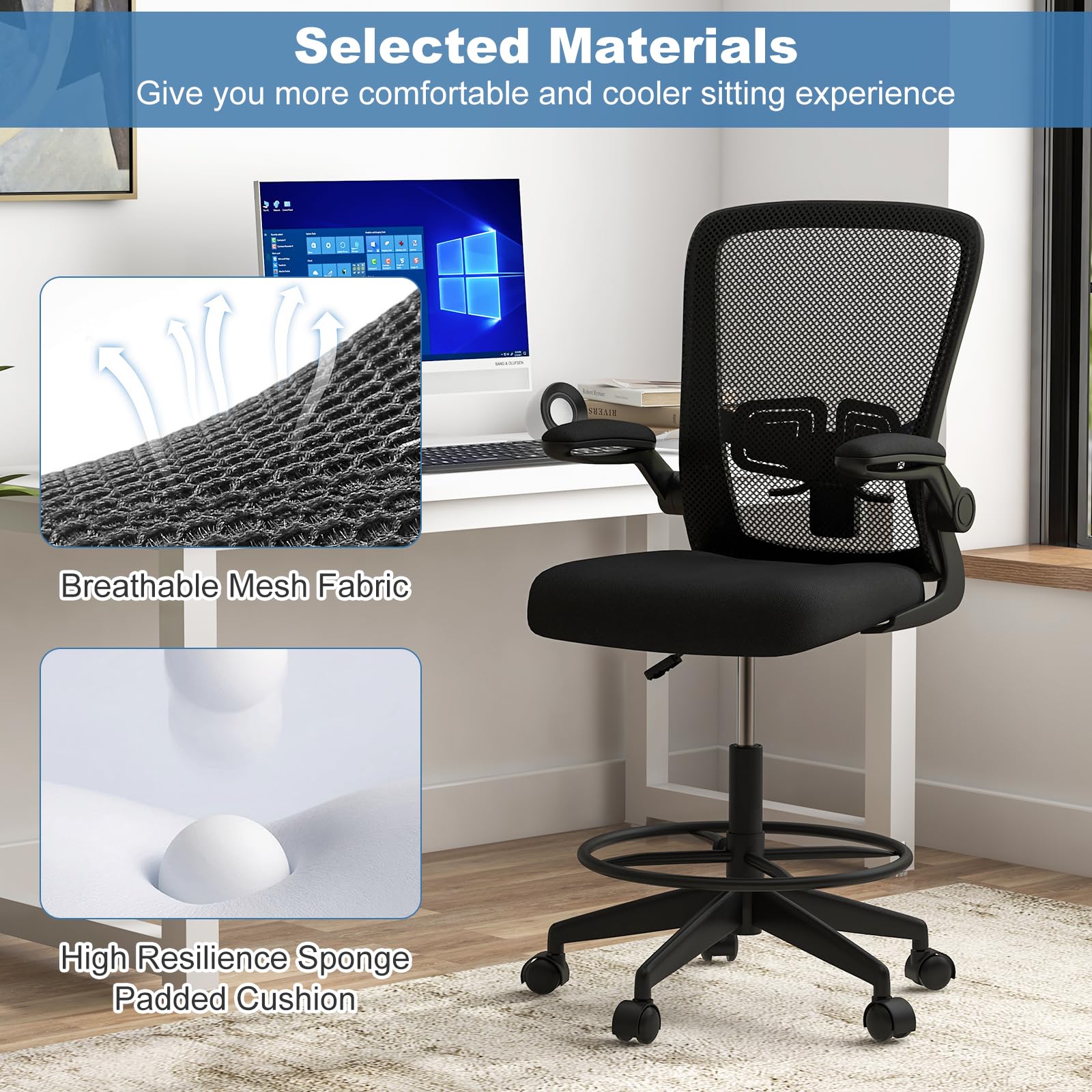 HAPPYGRILL Adjustable Height Drafting Chair with Armrests, Footrest & Lumbar Support - Ergonomic Standing Desk Chair for Home Office, Computer Work & Creative Studios (Black)
