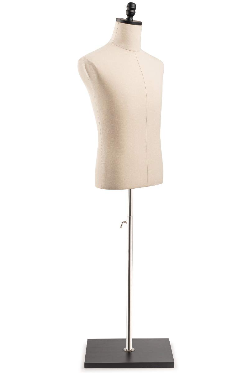 TSC Medium Black Male Dress Form Mannequin - Natural Canvas Fabric on Modern Wooden Square Base | Perfect for Tailors, Fashion Designers & Boutique Displays