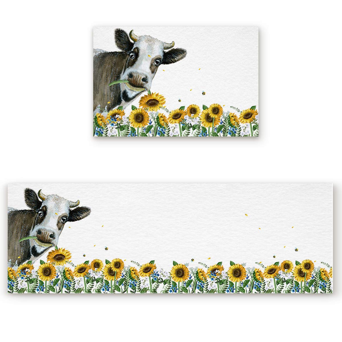 Farmhouse Kitchen Mats Set - 2 Piece Anti-Fatigue Cushioned Runner Rugs, Non-Skid Washable Rustic Cow Design, Perfect for Kitchen, Dining Room, and Entryway Floor Decor