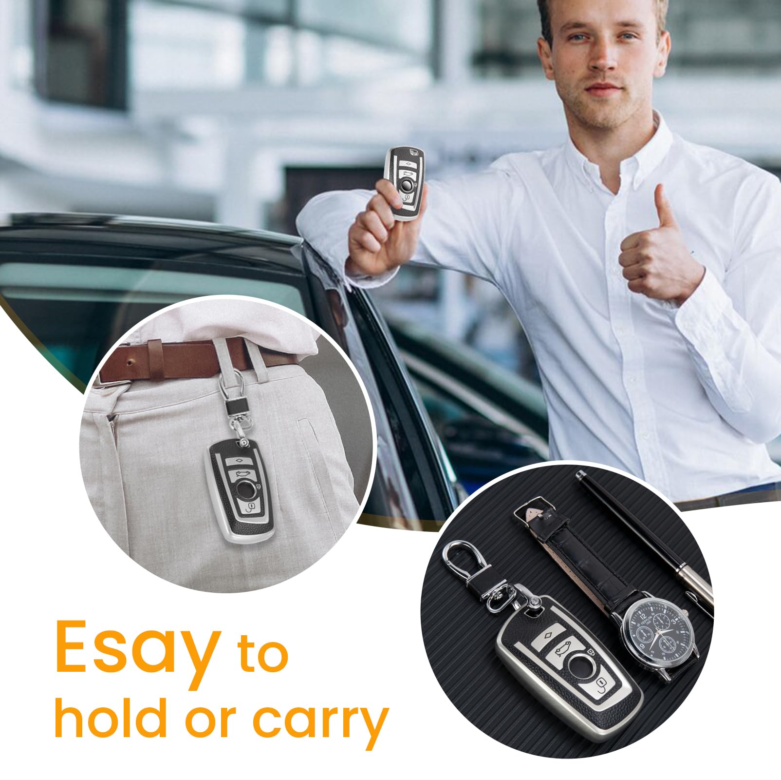 Premium Leather & Soft TPU BMW Keychain Holder - Classic Style Silver Key Fob Cover for BMW Smart Keys | Perfect Gift for BMW Owners & Car Enthusiasts | Ideal for Daily Use, Car Keys Protection & Stylish Accessory