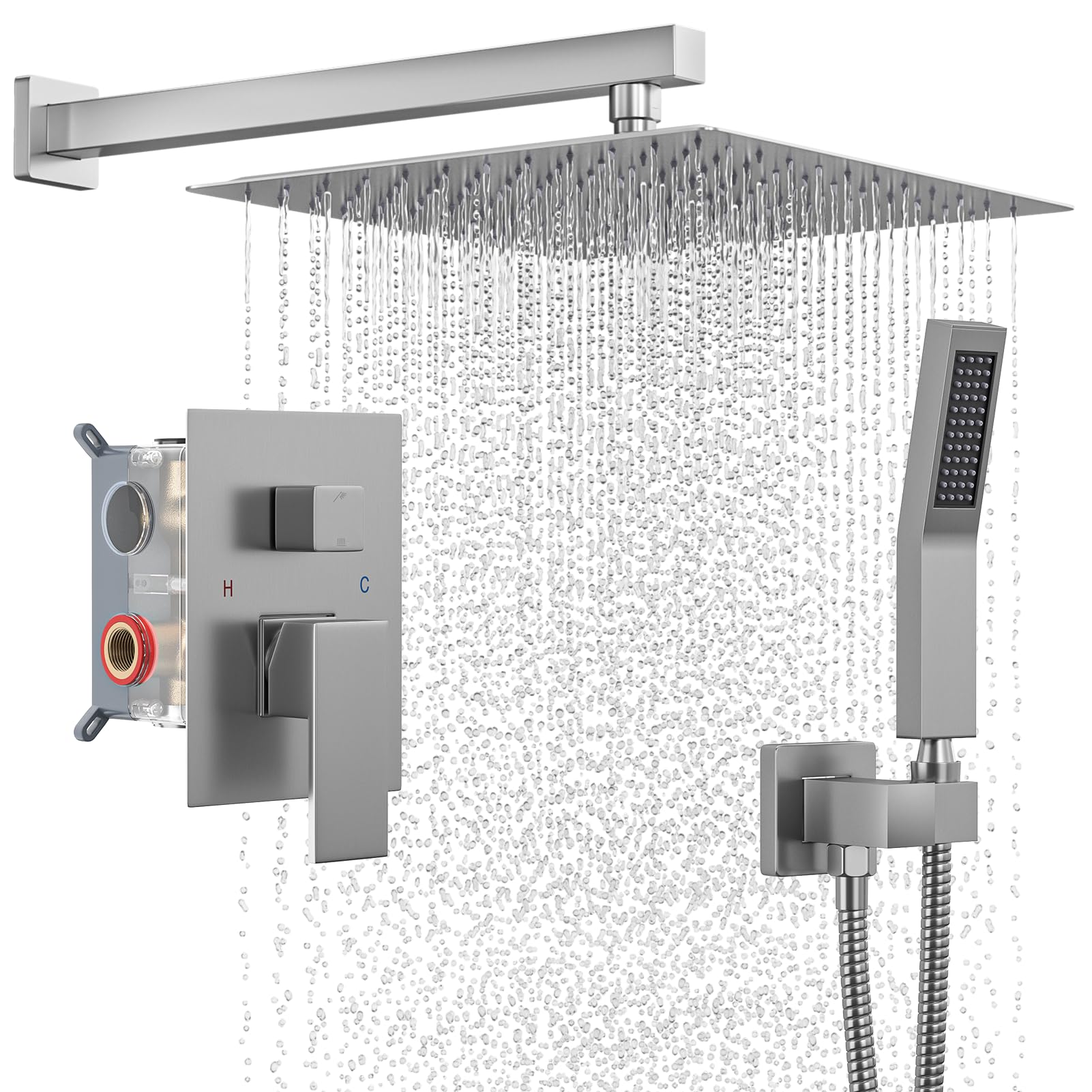 USHOWER 12 Inch High Pressure Shower Head System with Handheld Spray Combo - Wall Mounted Brushed Nickel Shower Faucet Set with Valve for Bathroom & Spa Experience