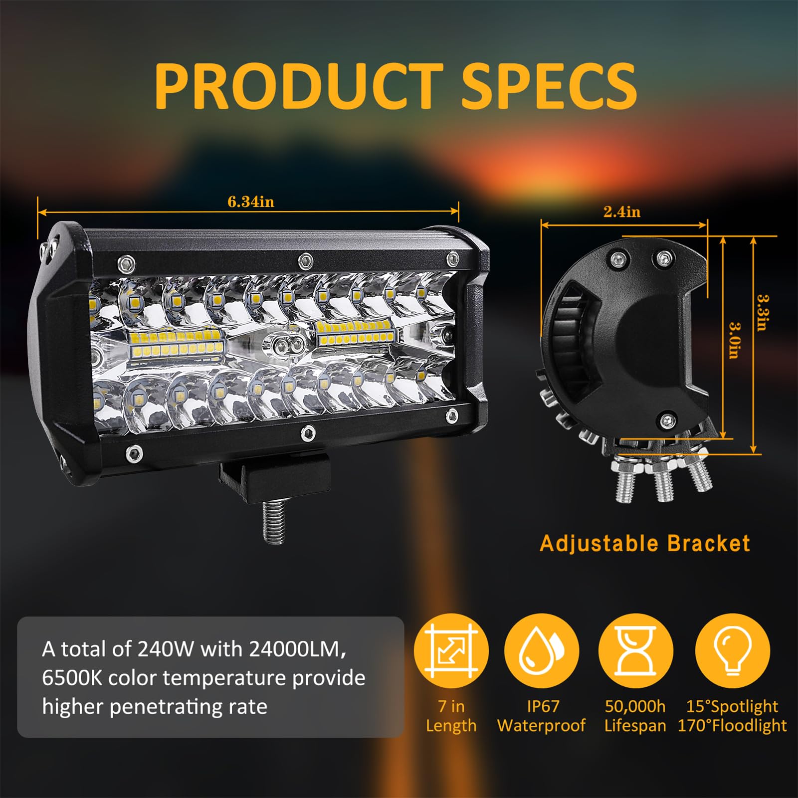 Zmoon 7Inch 2PCS 240W 24000LM LED Light Bar - Spot & Flood Combo Beam Off-Road Fog Driving Lights - Waterproof Die-Cast Aluminum Alloy for Jeep, Truck, ATV, UTV, Boat - Perfect for Night Off-Roading, Camping & Emergency Lighting