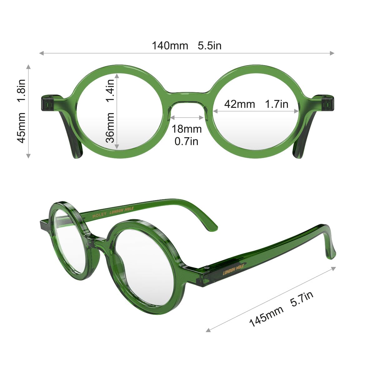 LONDON MOLE Eyewear - Stylish Round Reading Glasses for Men & Women | Unisex Transparent Green Frames with Spring Hinges | +2.0 Magnification | Perfect for Reading, Office Work & Daily Use