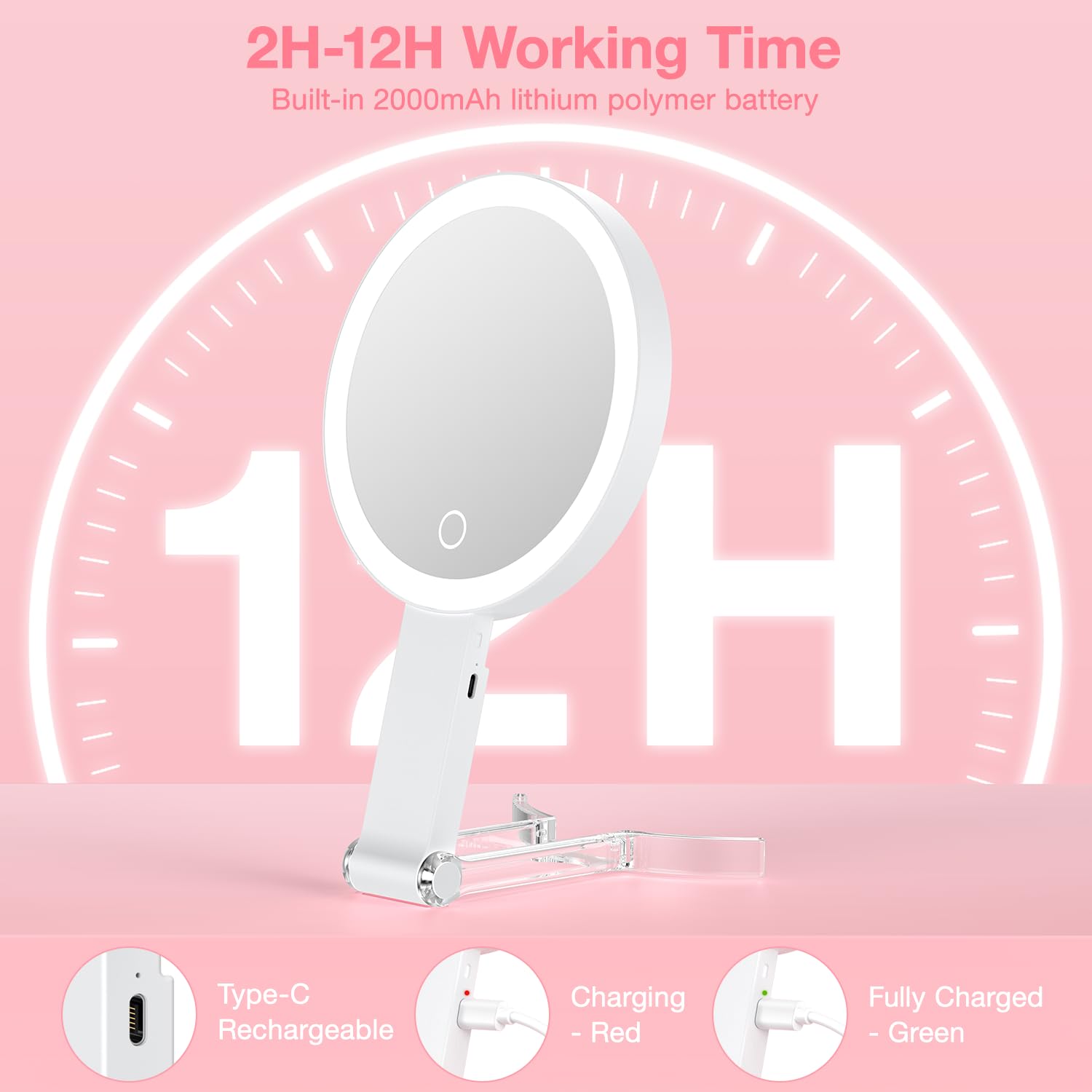 10X Magnifying Travel Makeup Mirror - 3 Color Lights, Adjustable Brightness for Home & Travel
