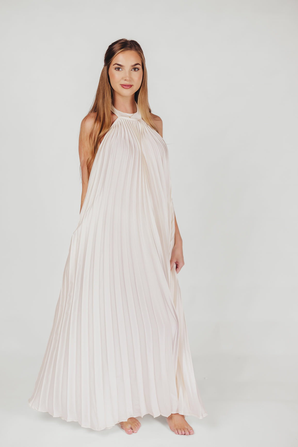 Maren Pleated Halter Maxi Dress in Cream | Bump Friendly Maternity Dress | Perfect for Baby Showers, Beach Vacations & Summer Weddings