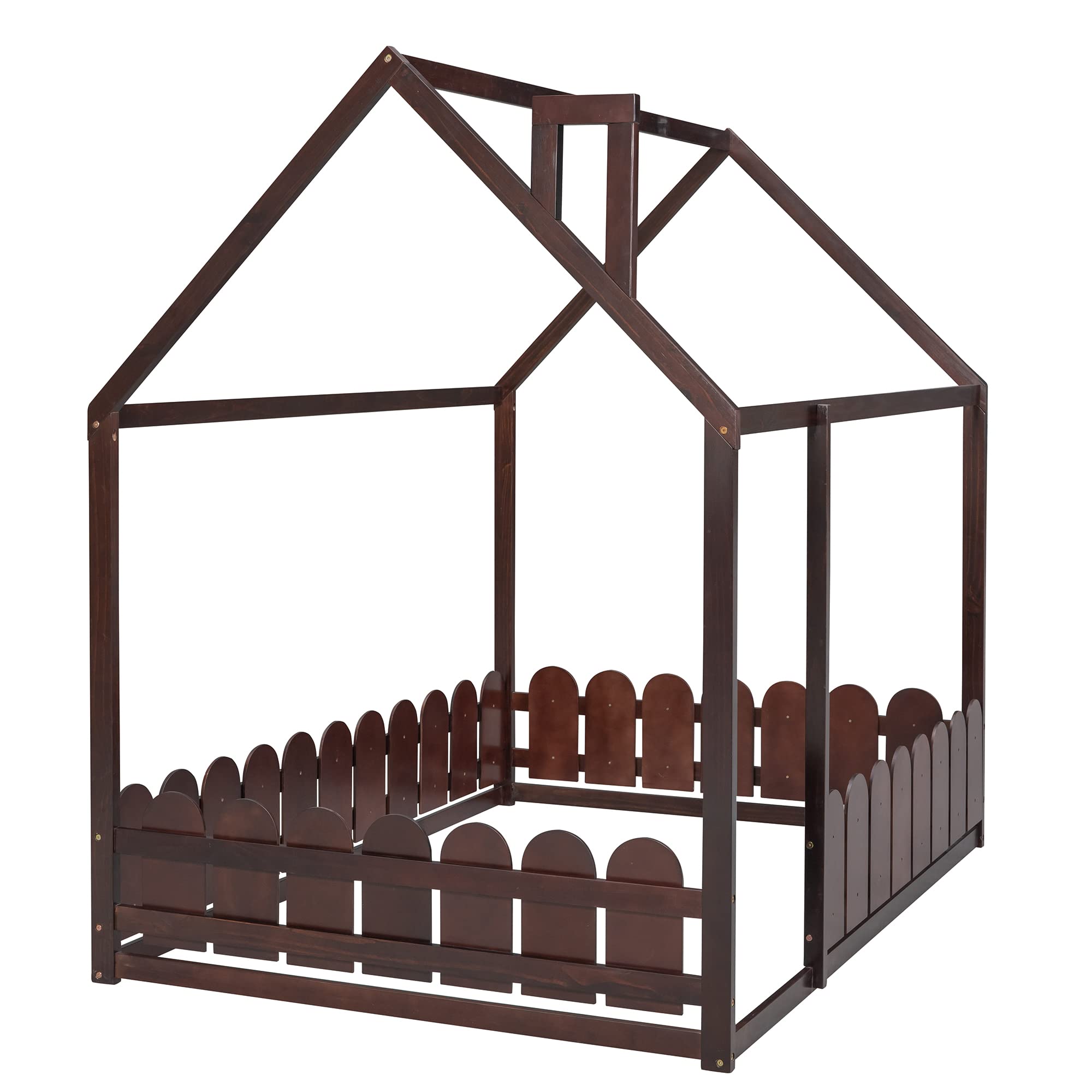 Harper & Bright Designs Full Size Kids House Bed Frame with Pine Wood Roof & Fence Guardrails - Cabin Style Floor Bed for Children & Teens (Espresso) | Perfect for Bedrooms, Playrooms & Montessori Spaces