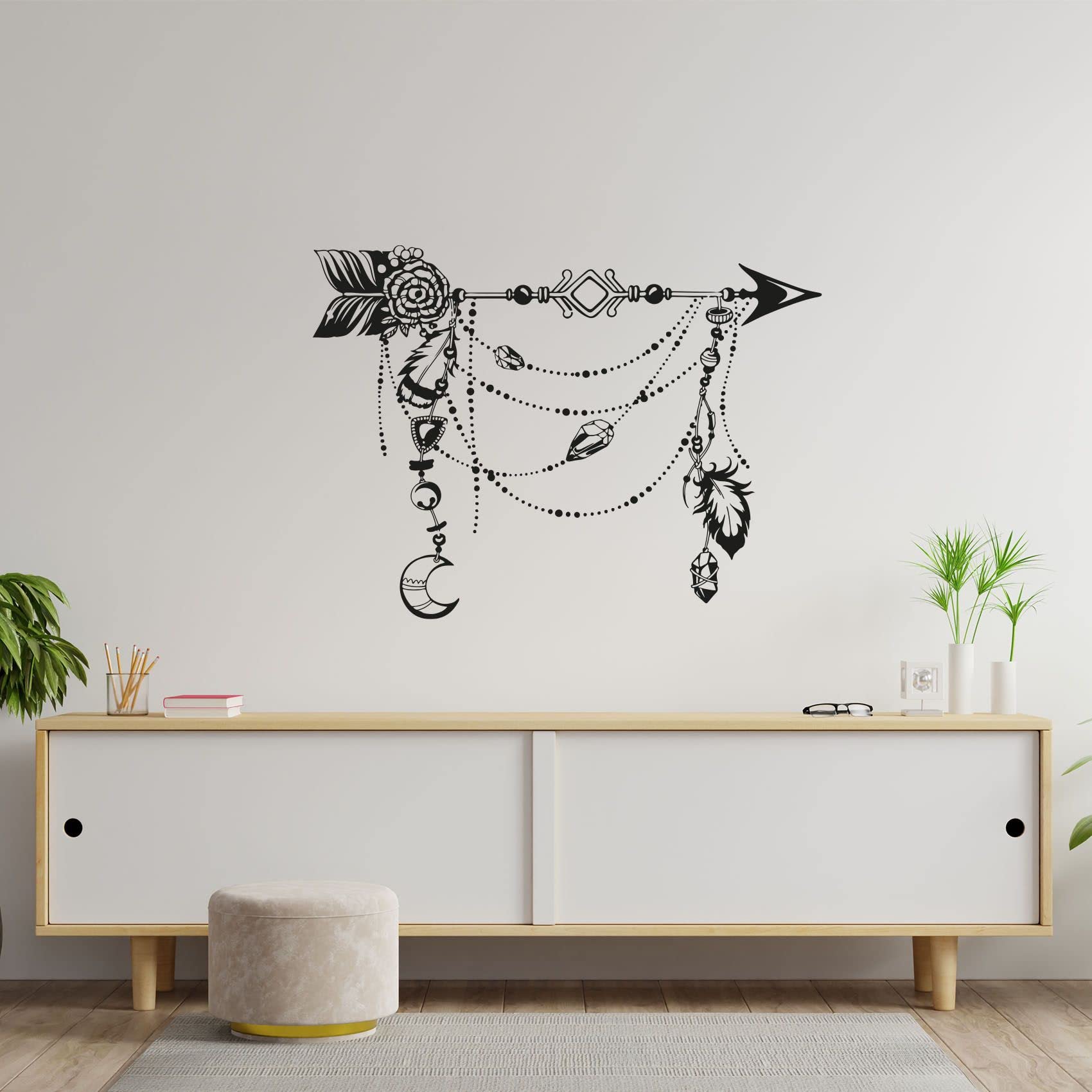Bohemian Arrow Feather Moon Wall Decal - Modern Boho Abstract Vinyl Sticker Art for Kids Room, Nursery, Bedroom Decor (30x40 inch) | Perfect for Girls & Boys Bedrooms, Playrooms, and Home Accent Walls