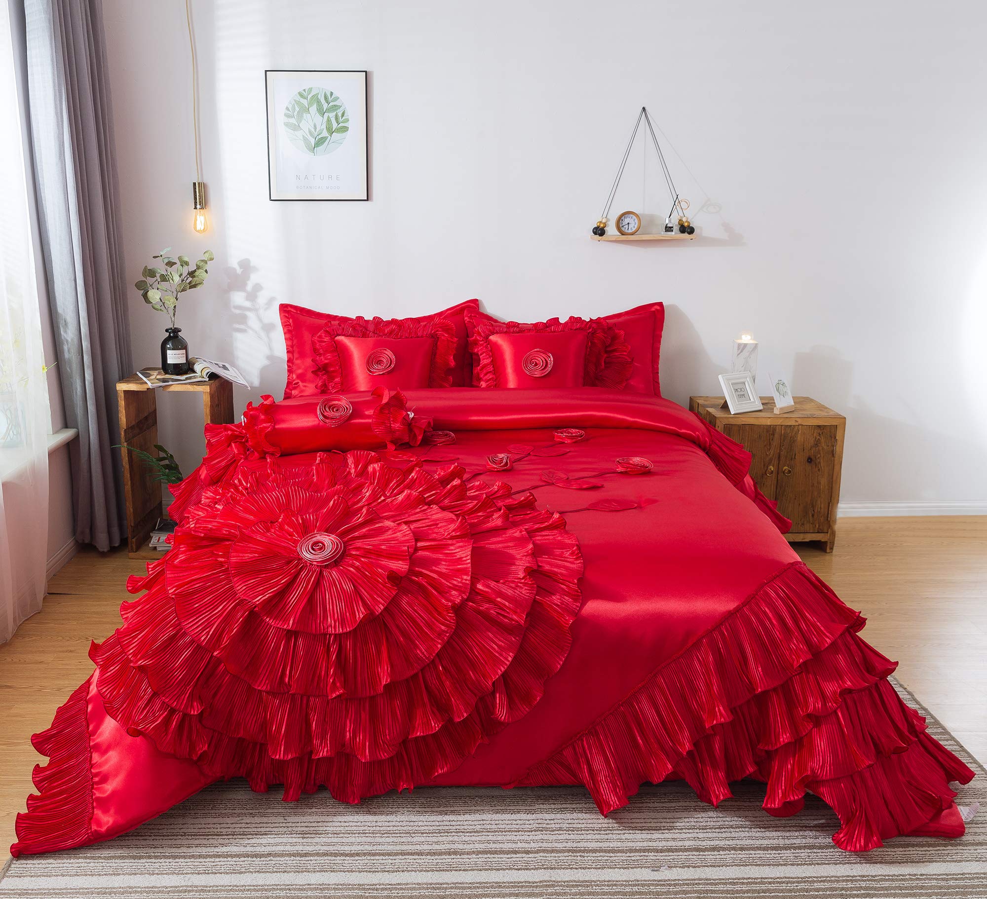 Tache Home Fashion VEHY4174-K Ruffled Comforter Bedding Set King Size Red - Luxury Bedroom Decor for Master Suite, Guest Room & Cozy Retreat
