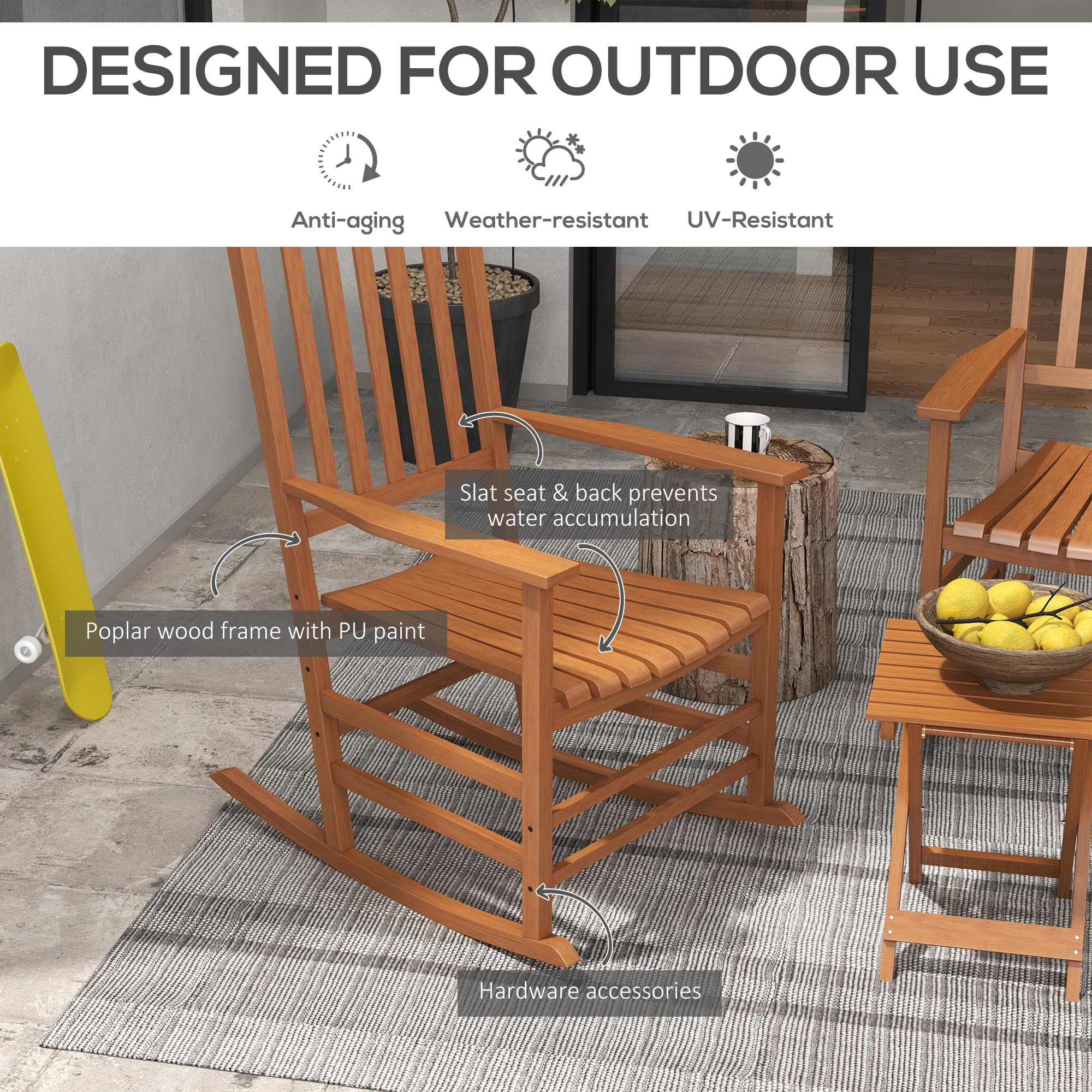 Outsunny Teak Wooden Rocking Chair Set with Foldable Side Table - Outdoor Rocker Chairs with Curved Armrests, High Back & Slatted Seat - Supports 352 lbs - Perfect for Garden, Balcony, Porch, Patio & Backyard Relaxation