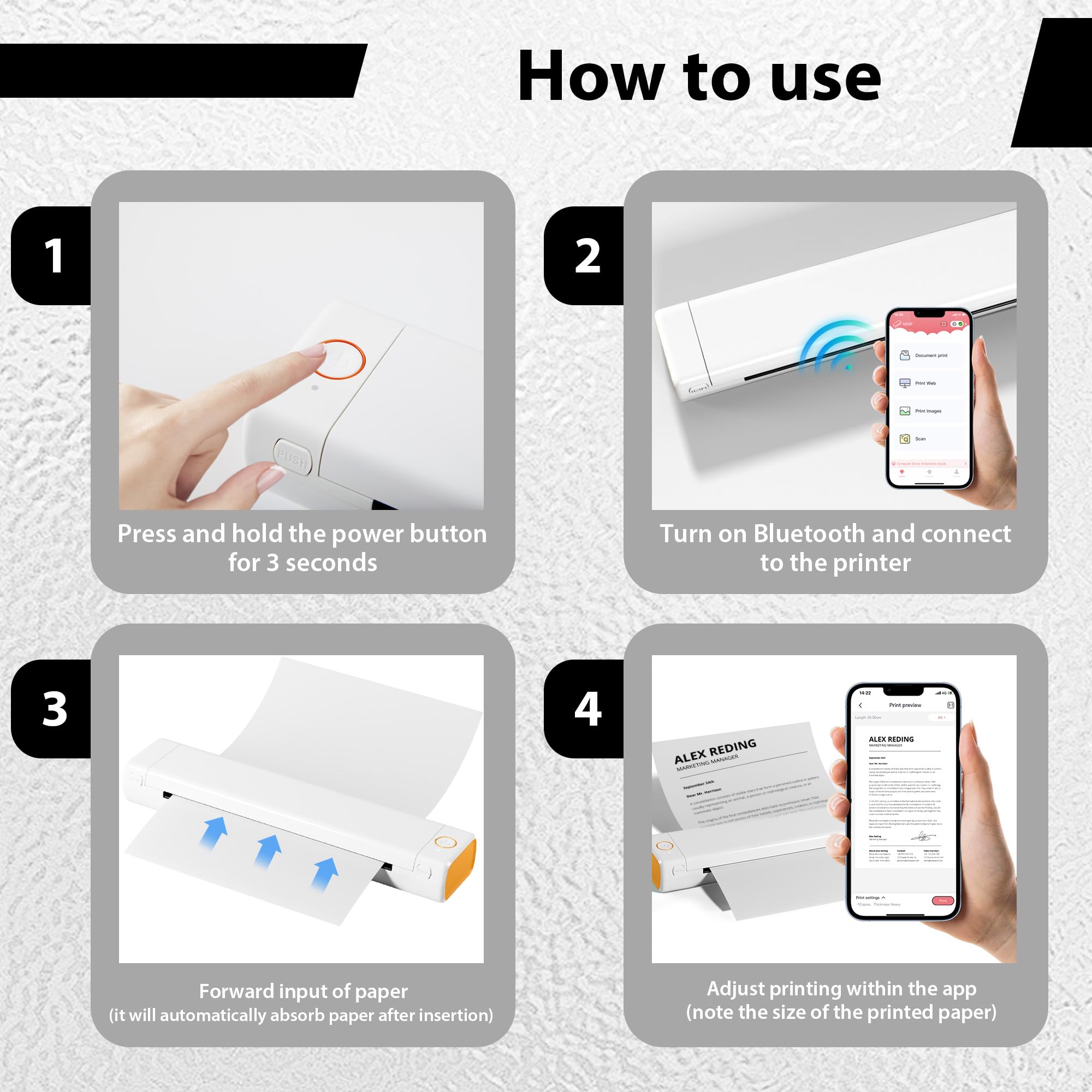 PhoFuta M08F Bluetooth Thermal Printer - Portable Mini Travel Printer for iOS & Android - No Ink Needed, Uses Copy Paper & A4 Inkless Paper - Perfect for Receipts, Labels, Travel Documents & On-the-Go Printing