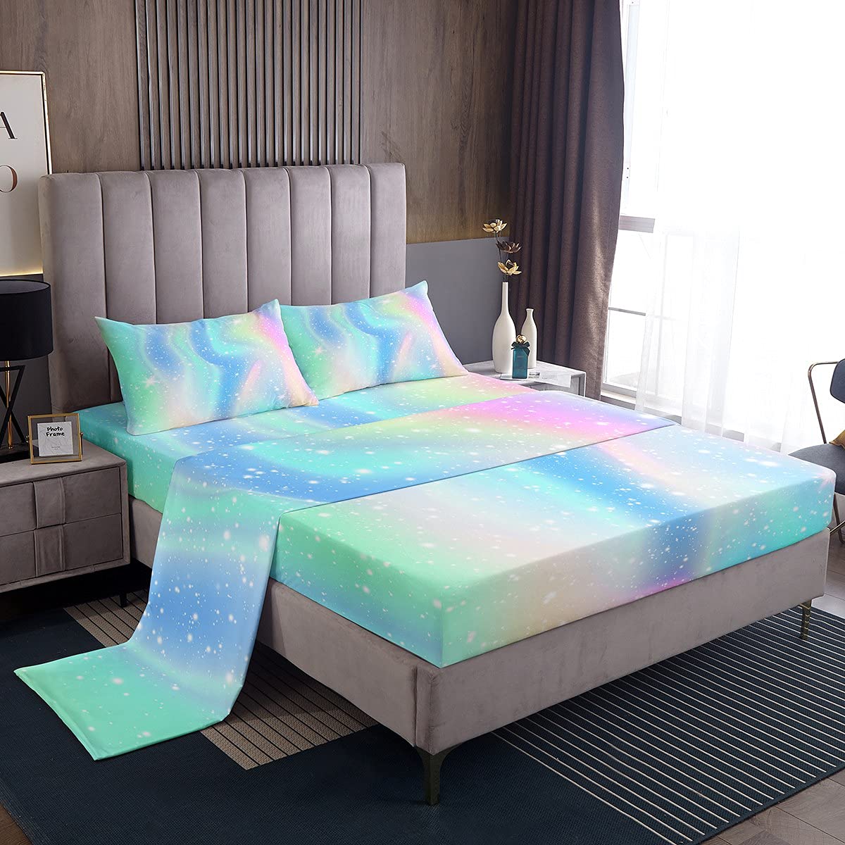 Erosebridal Galaxy Bed Sheet Set for Kids - Full Size Ombre Gradient Space Star Glitter Fitted Sheet, Rainbow Pastel Flat Sheet & Tie Dye Pillowcases (4pc) - Perfect for Girls, Boys & Women's Bedrooms, Dorm Rooms & Space-Themed Decor