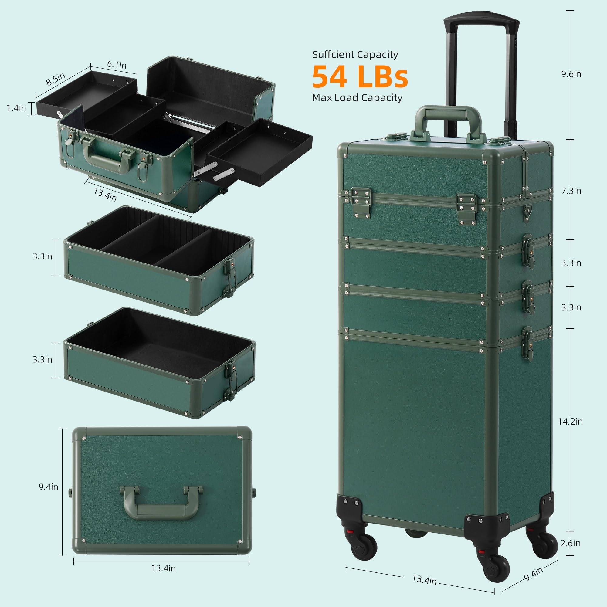 Professional Rolling Makeup Train Case with Lid - 5-in-1 Portable Cosmetology Organizer on Wheels for Salon, Barber & Travel | Large Cosmetic Storage Case | Perfect Christmas Gift for Makeup Artists (Green) | Ideal for Mobile Stylists, Salon Professionals & Beauty Enthusiasts