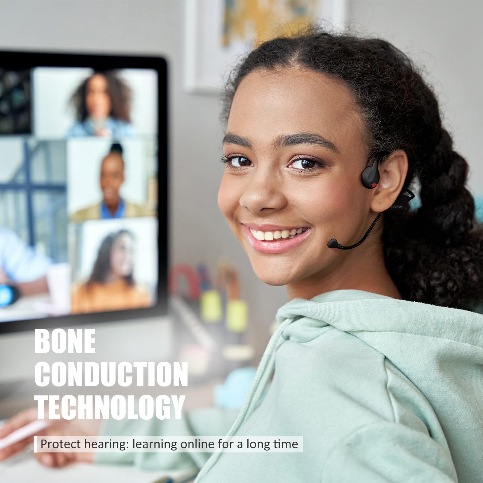 Wireless Bone Conduction Headphones with Microphone - Bluetooth 5.0 Open-Ear Headset for PC, Work, Running & Gym - Noise Cancelling, Multi-Point Connection, Comfortable Lightweight Design
