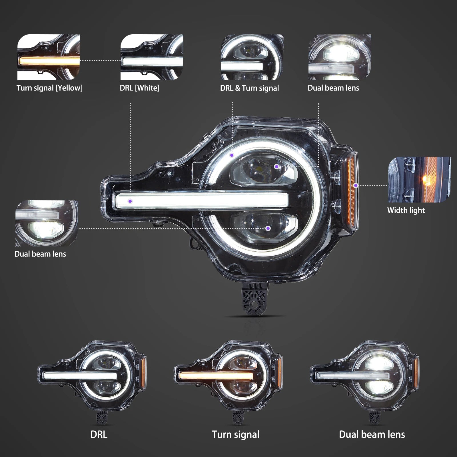 LED Headlight Assembly for 2020-2024 Ford Bronco - High Performance Replacement Headlights - Perfect for Off-Roading, Night Driving & Car Upgrades