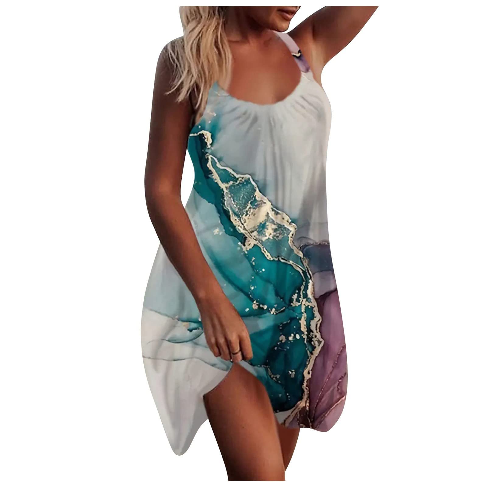 Women's Summer Mini Dress - Casual Pleated Flowy Boho Dress with Round Neck & Sleeveless Design, Knee Length Beach Sundress for Hawaiian Vacation, Pool Party & Outdoor Date Night