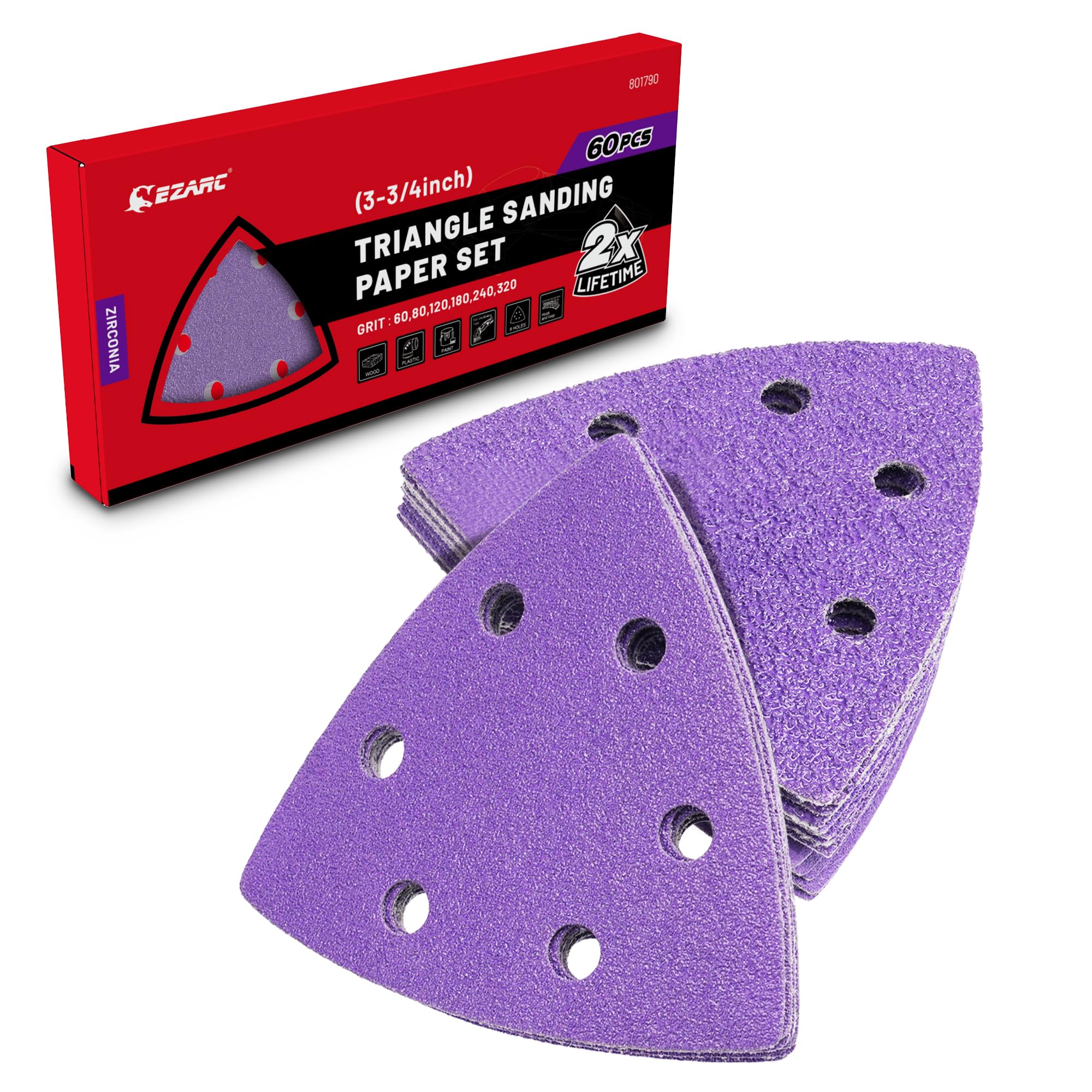 EZARC 60-Piece Zirconia Triangle Sanding Pads Set - 3-3/4 Inch Hook & Loop (60/80/120/180/240/320 Grit) for Oscillating Multi-Tools - Compatible with 3-1/2