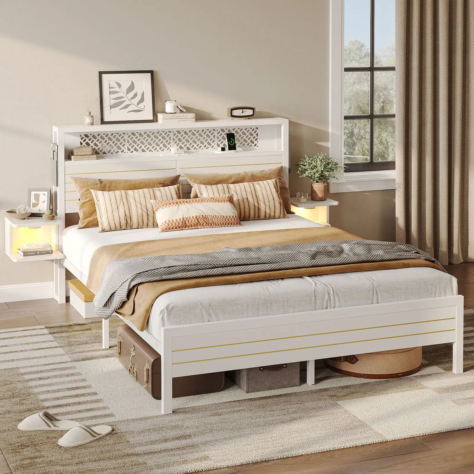 Bestier Queen Bed Frame with Horizontal Golden Stripe Storage Headboard - Modern Platform Bed with Underbed Storage - Perfect for Small Bedrooms, Guest Rooms & Apartments