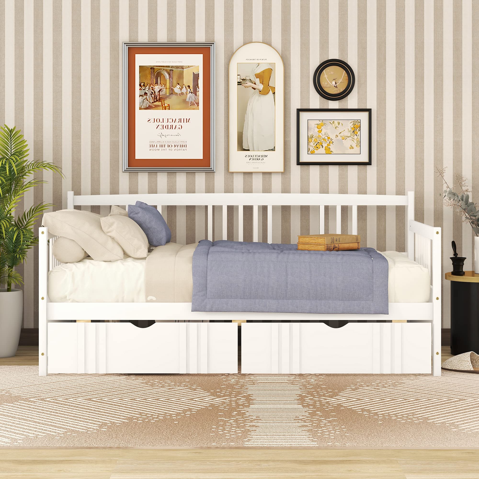 MERITLINE Twin Size Wood Daybed with Storage Drawers - Convertible Sofa Bed for Teens & Adults - White (Twin) | Perfect for Small Bedrooms, Guest Rooms & Dormitories