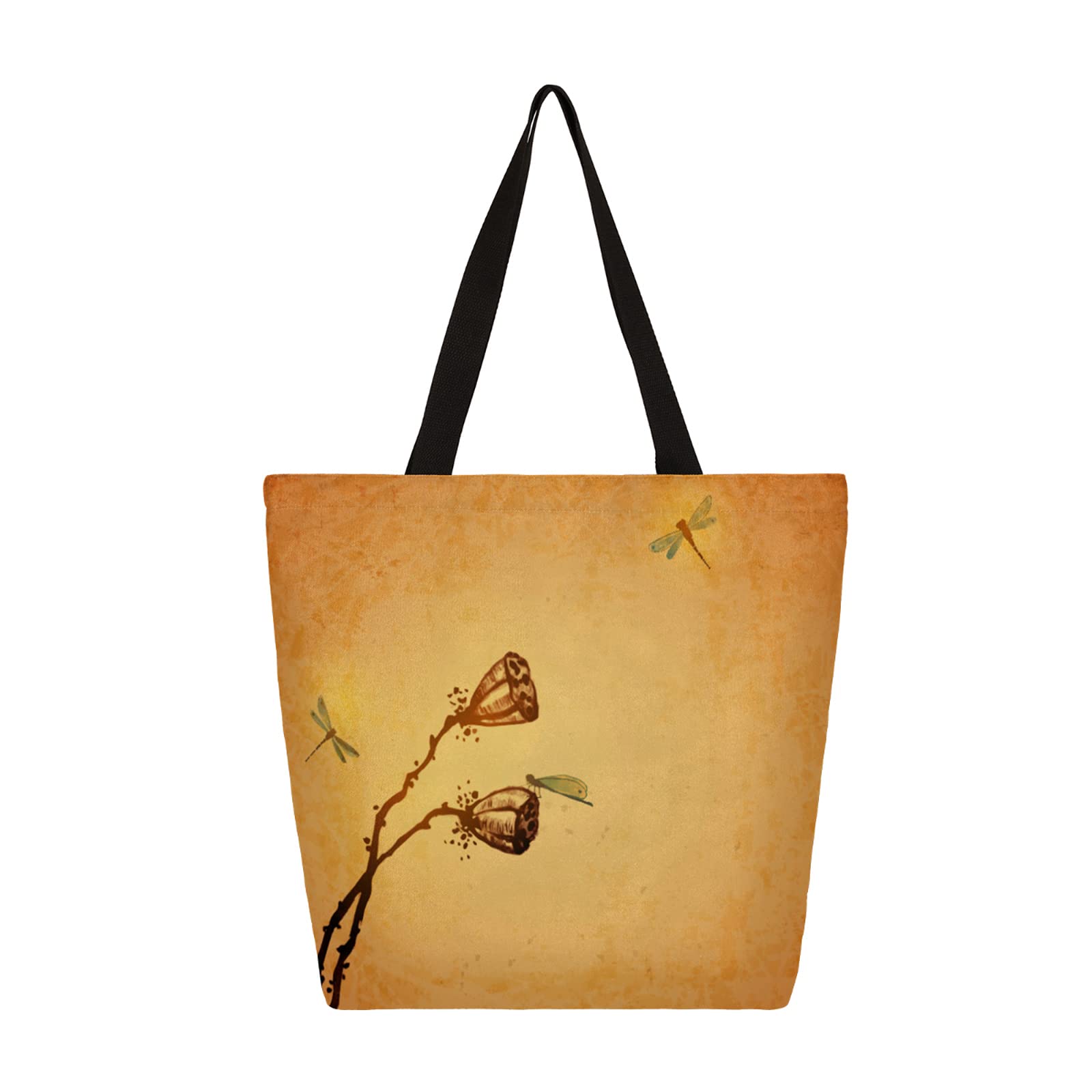 Pardick Retro Lotus Seed Pod Dragonfly Canvas Tote Bag - Reusable Eco-Friendly Shopping Handbag for Women, Personalized Work Purse for Groceries, Travel, School & Beach | Casual Diaper Bag, Business & Outdoor Use
