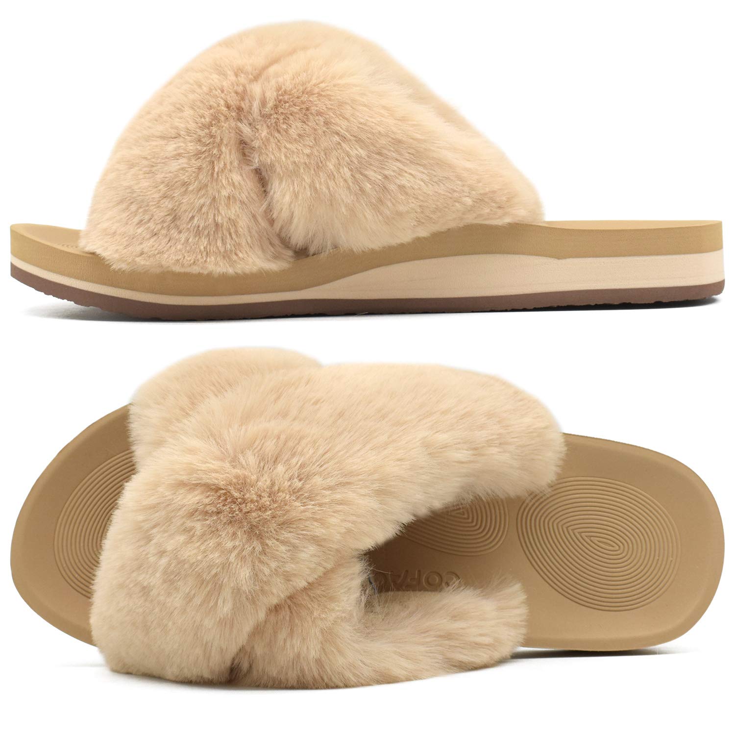 COFACE Women's Fuzzy Slides - Fluffy Faux Fur House Slippers with Arch Support, Open Toe Sandals for Indoor/Outdoor Use - Perfect for Yoga, Lounge & Home Comfort