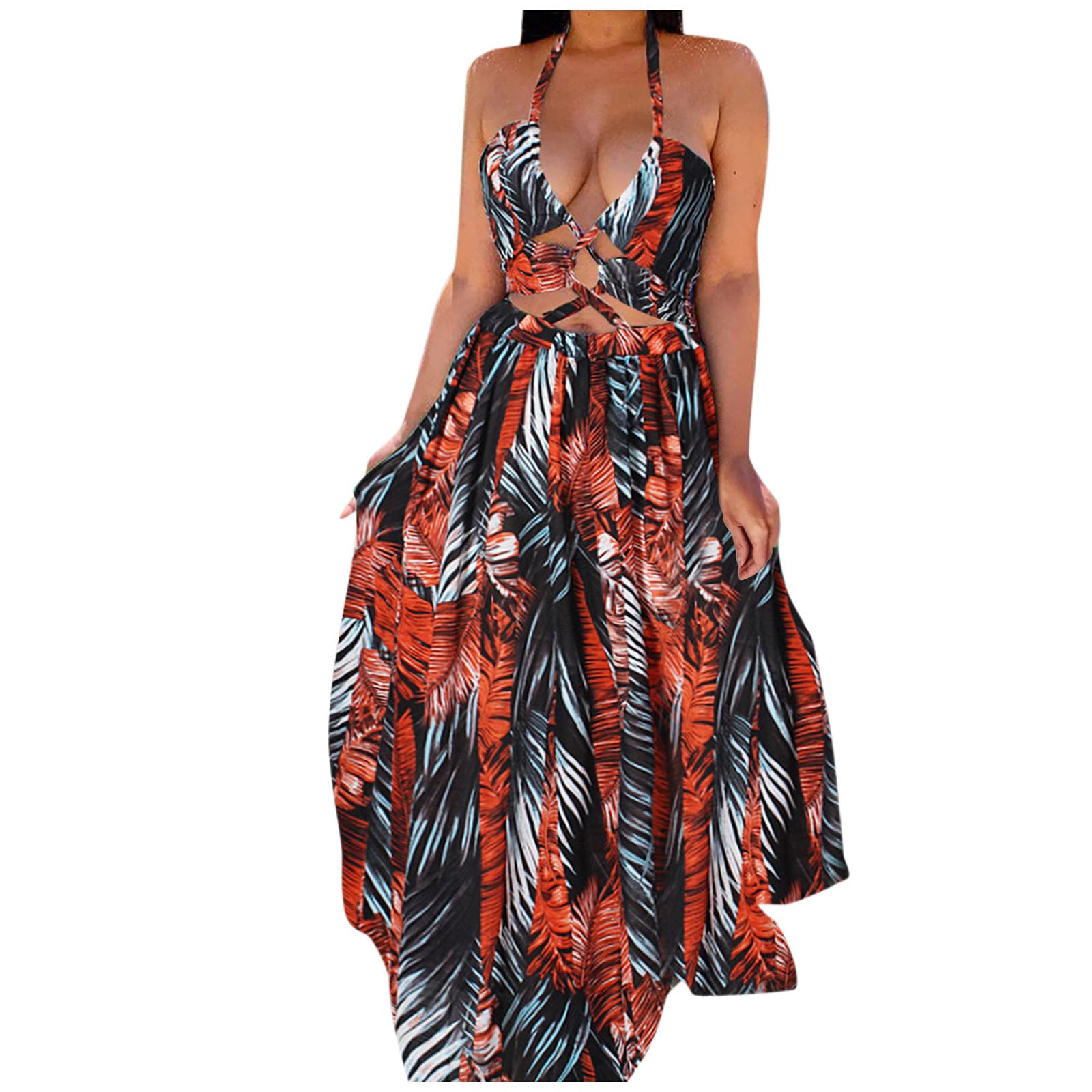 Maxi Split Women's Hollow Neck Halter Dress - Floral Print Party Dress for Women, Plus Size & Oversize Options - Perfect for Beach Vacations, Summer Parties & Special Occasions