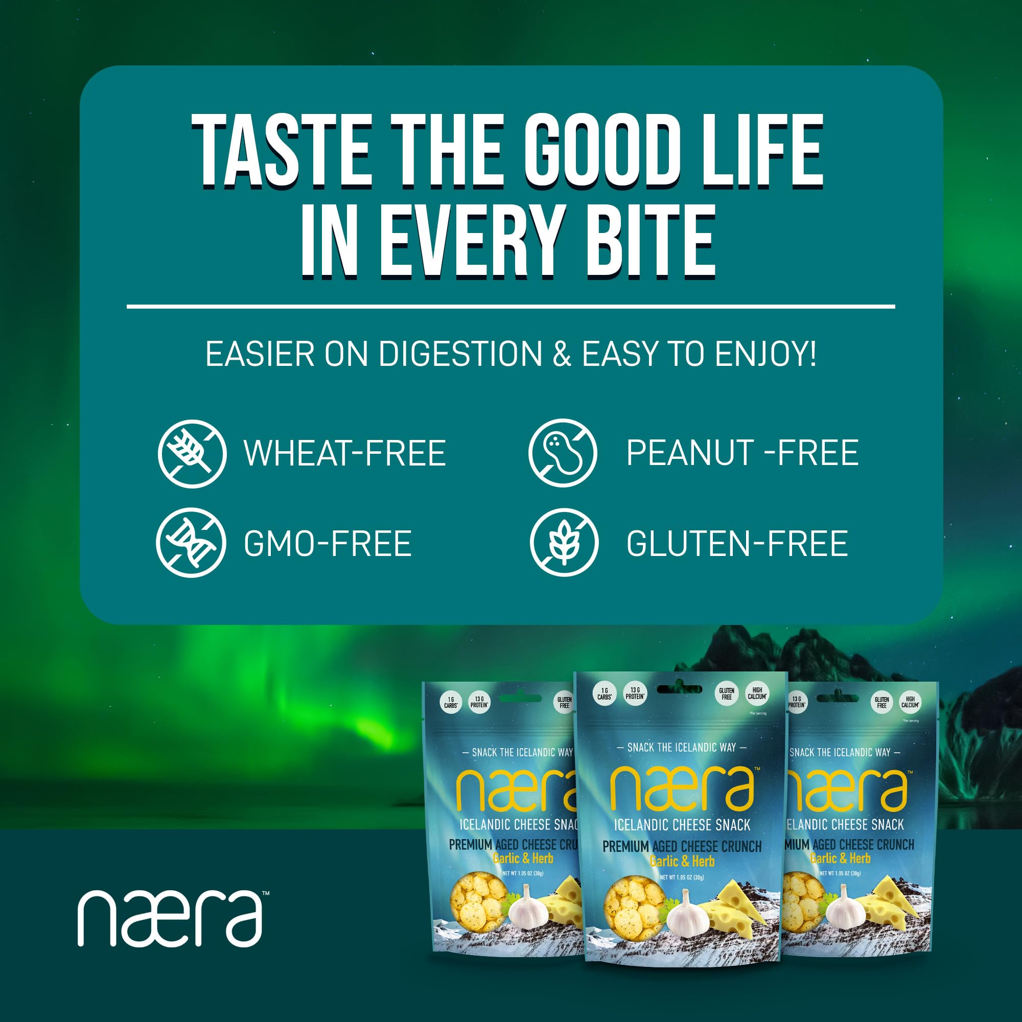 Næra Icelandic - 3-Pack Sour Cream & Onion 100% Cheese Crunch Protein Snacks | Keto Friendly, Gluten-Free, High Protein | Natural Snacks for Adults & Kids (1.05 oz each) | Perfect for On-the-Go, School Lunches & Office Snacking