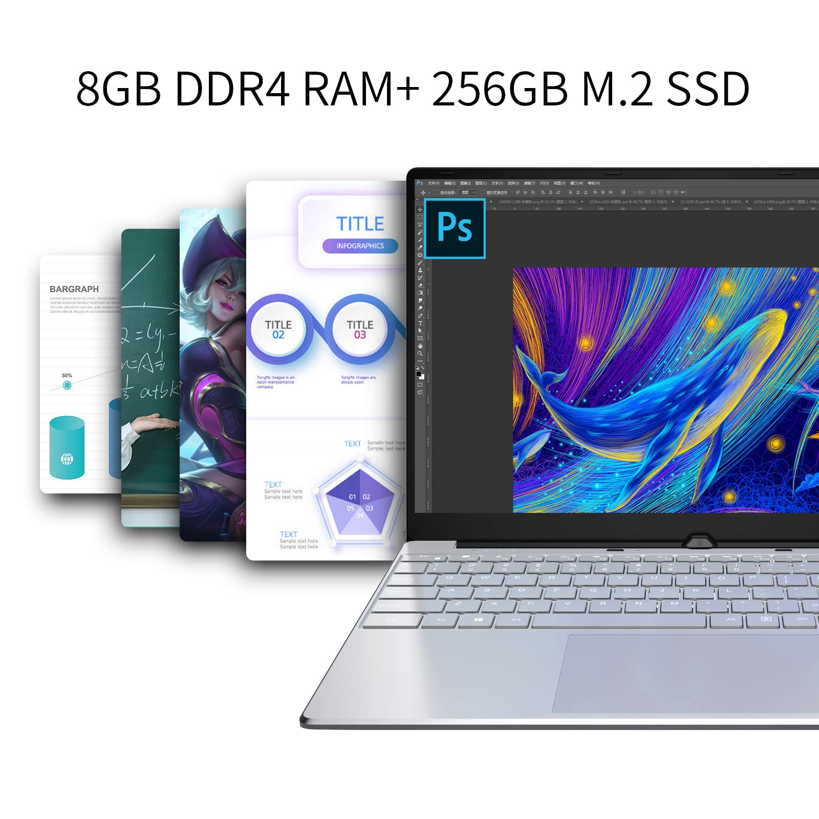 Windows 10 Laptop 15.6 Inch Notebook - 8GB RAM 256GB SSD, Intel Celeron 5205U Dual Core Processor with Backlit Keyboard | WiFi Bluetooth | Business & Home Use | Portable Silver PC for Work, Study & Entertainment