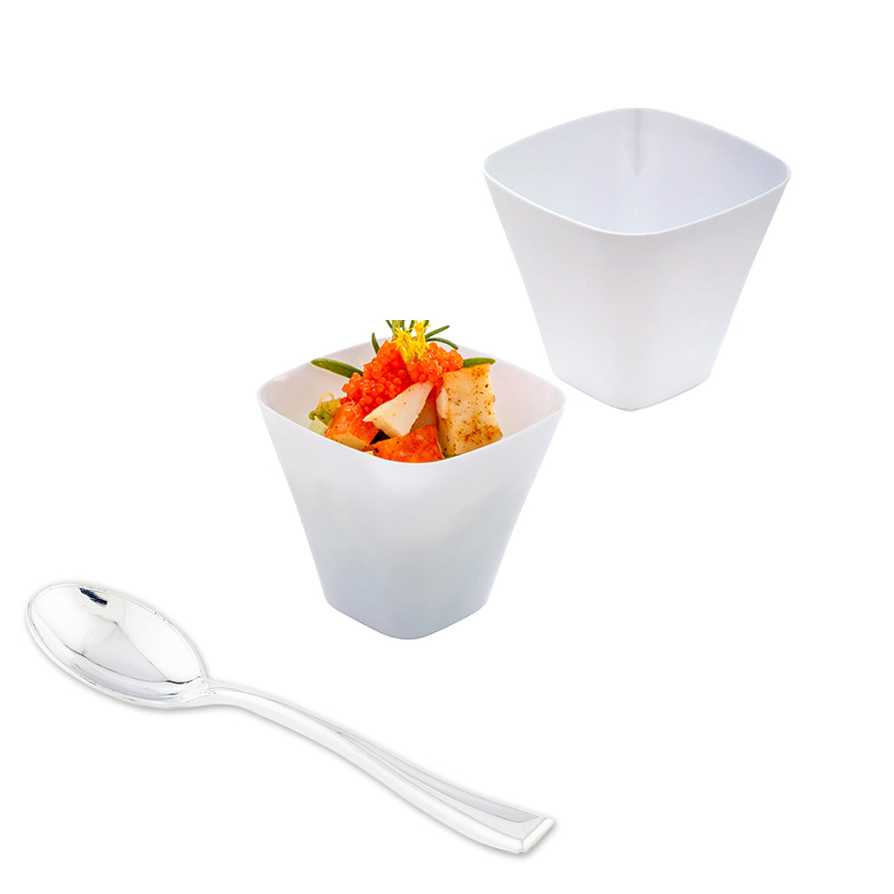100-Pack 4 oz Square White Plastic Bellissima Tasting Cups with 100 Silver Mini Spoons - Perfect for Wine Tasting, Food Sampling, Party Appetizers, and Catering Events