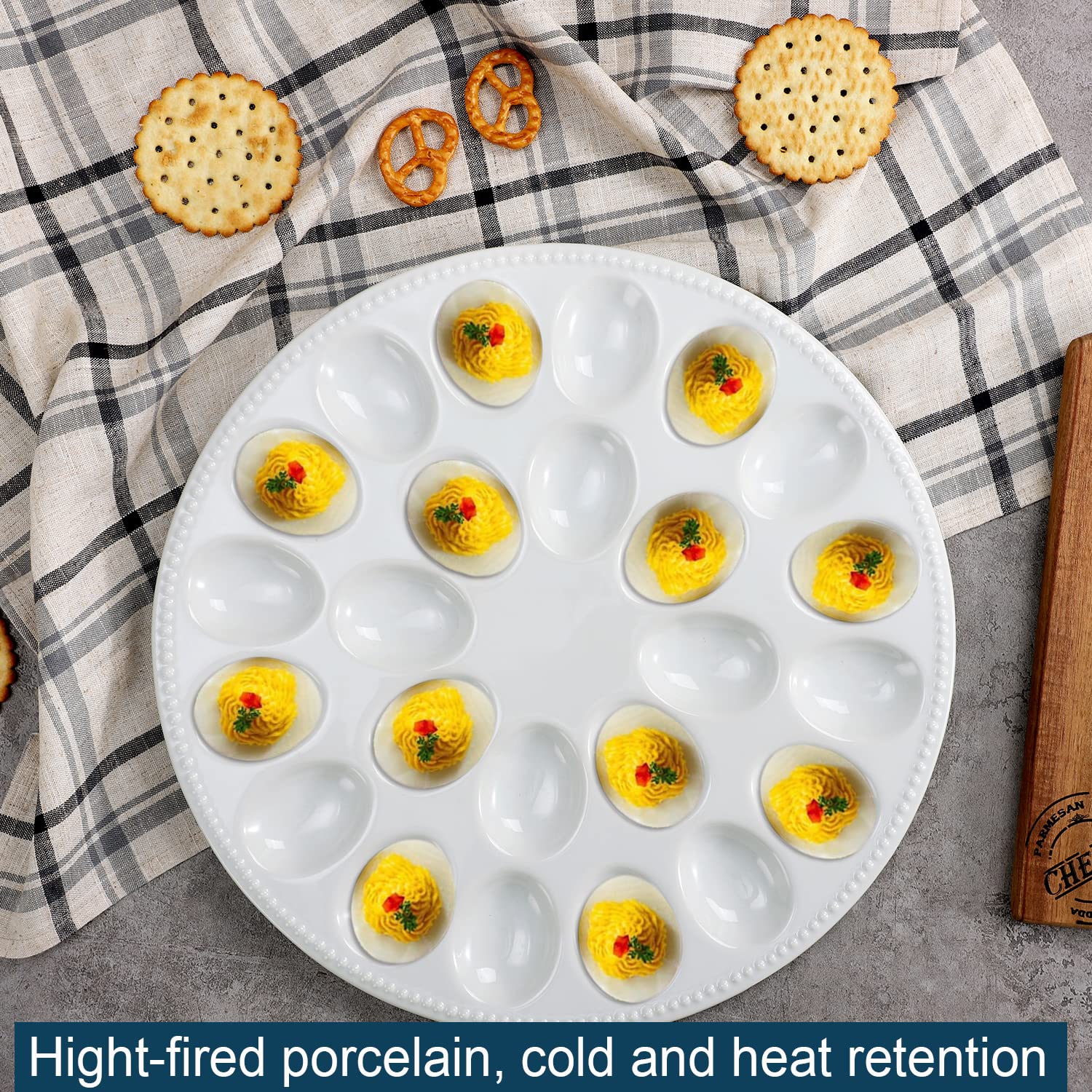 White Porcelain Deviled Egg Plate - 13.8 Inch Egg Serving Tray Holds 24 Eggs Perfectly | Ideal for Easter, Brunch, Potlucks & Holiday Gatherings