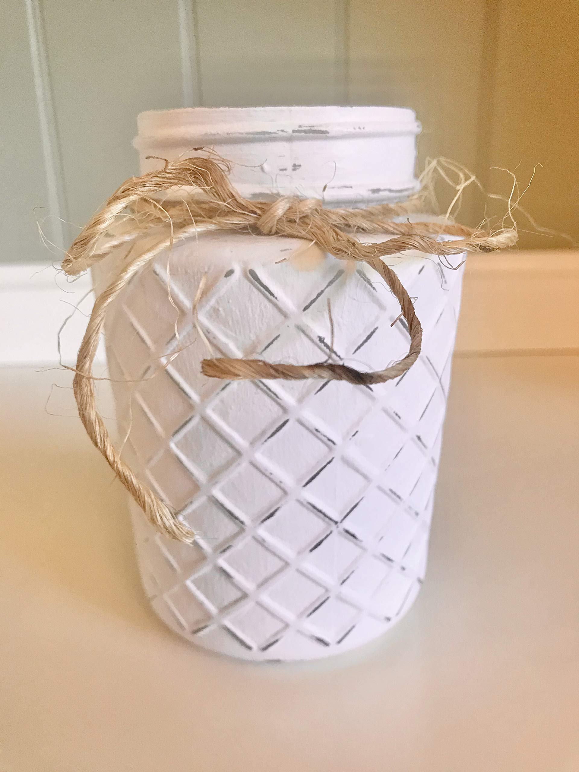 Hand Painted Chalk Paint Lattice Jar - 20 oz Linen White Mason Jar for Farmhouse Decor, Rustic Weddings, and DIY Home Crafts