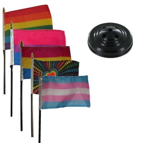 RFCO Gay Pride Trans Bi Gender Pan Rainbow Heart Flag 4''x6'' - Premium Polyester Desk Flag with Black Base - Vivid UV-Resistant Colors - Perfect for Office Decor, Garden & Outdoor LGBTQ+ Celebrations