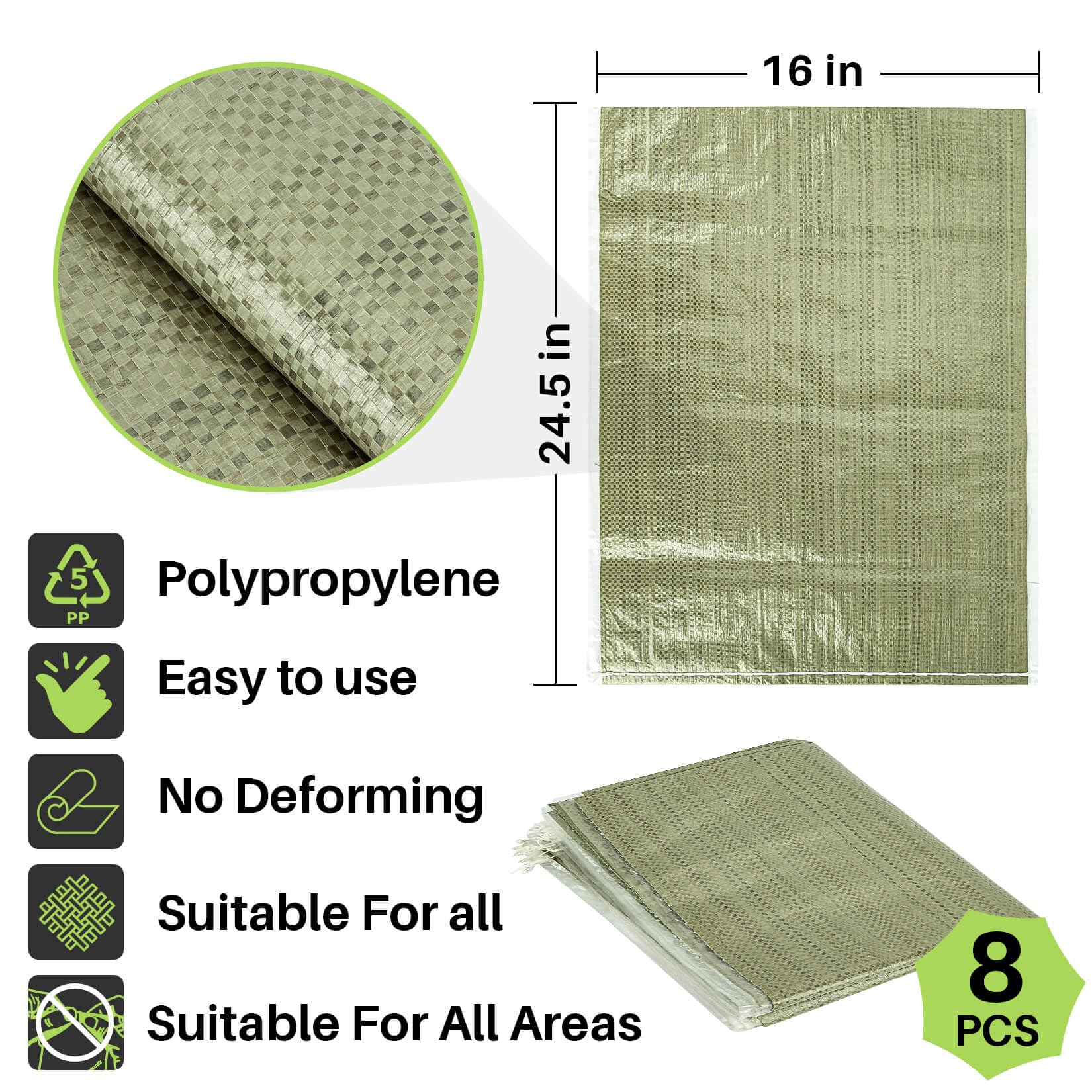 10PCS Heavy Duty Green Woven Polypropylene Sand Bags - Tear Resistant Empty Sandbags for Hurricane Protection, Flood Control, Construction Projects & Dry Material Storage | Emergency Preparedness, Garden Use & DIY Projects