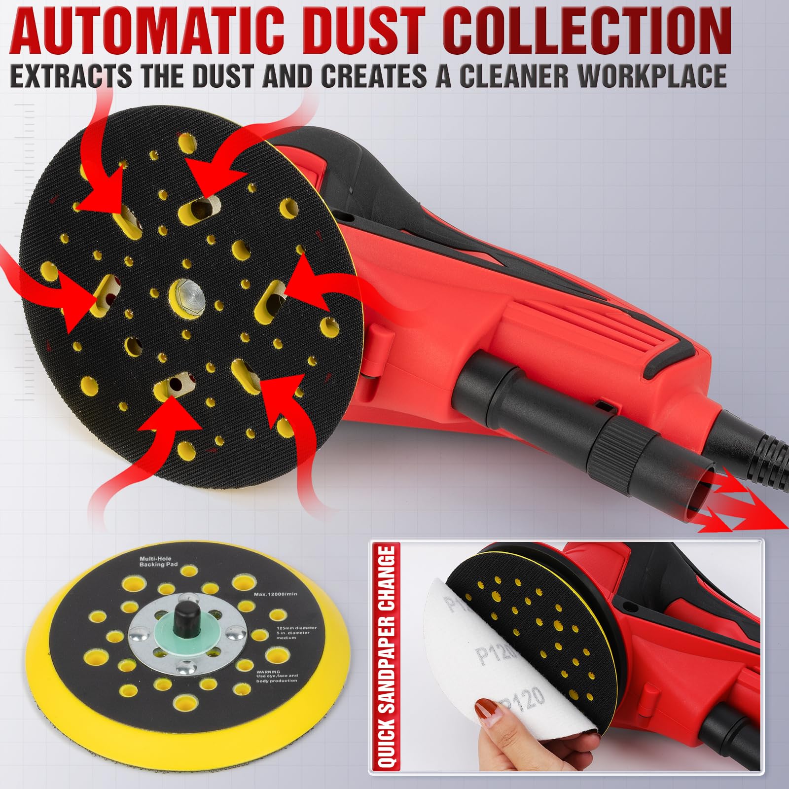 Autolock Electric Random Orbital Sander - 350W Brushless Motor with 5 & 6 Inch Pads, 10000RPM Palm Sander for Woodworking, Sanding & Polishing (Red) - Perfect for DIY Projects, Furniture Refinishing & Auto Body Work