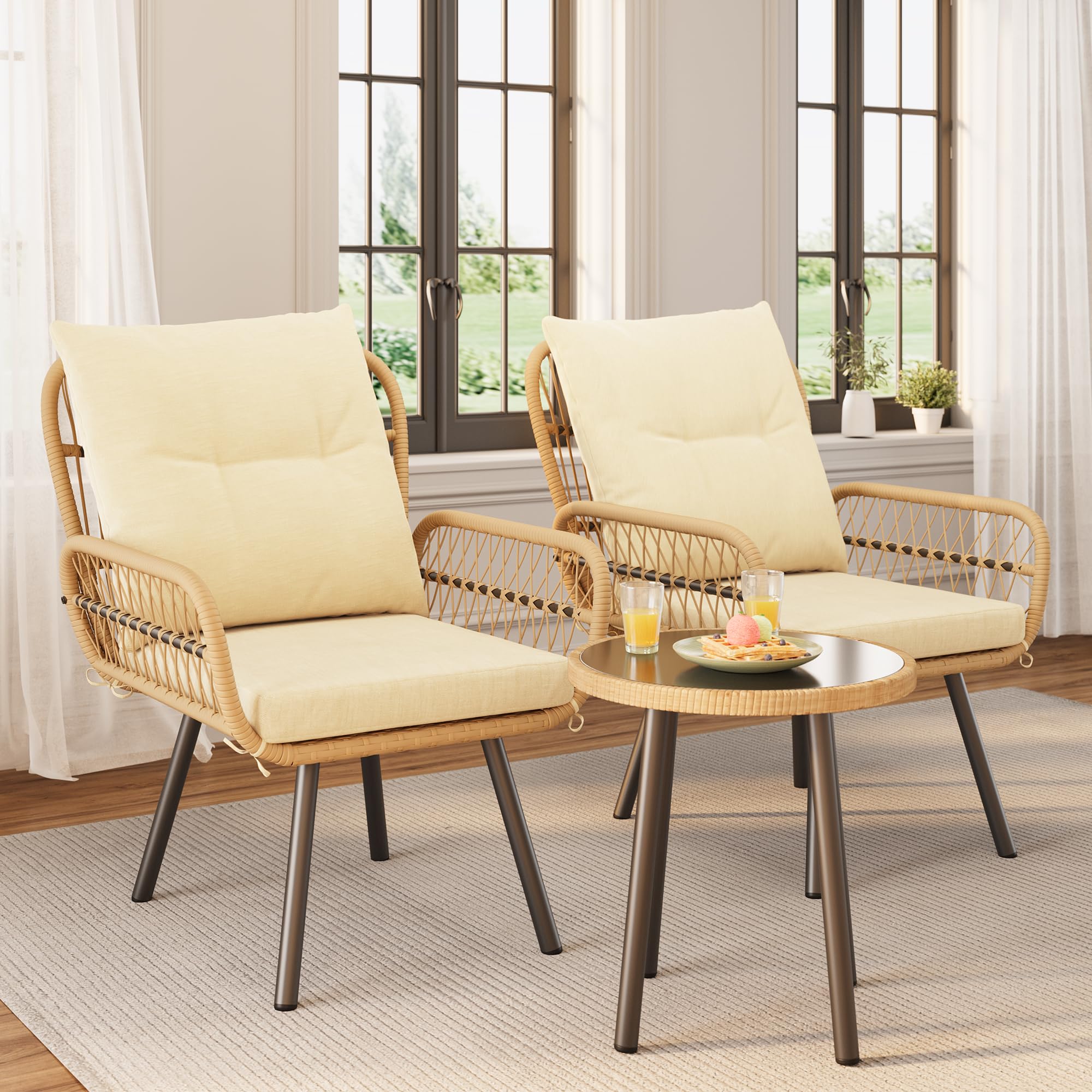 Ahomly 3-Piece Outdoor Patio Bistro Set - All-Weather Wicker Rattan Table & 2 Chairs with Coffee Table - Perfect for Backyard, Balcony, Poolside, Deck, Porch, Garden (Beige) - Ideal for Relaxing, Entertaining & Outdoor Dining