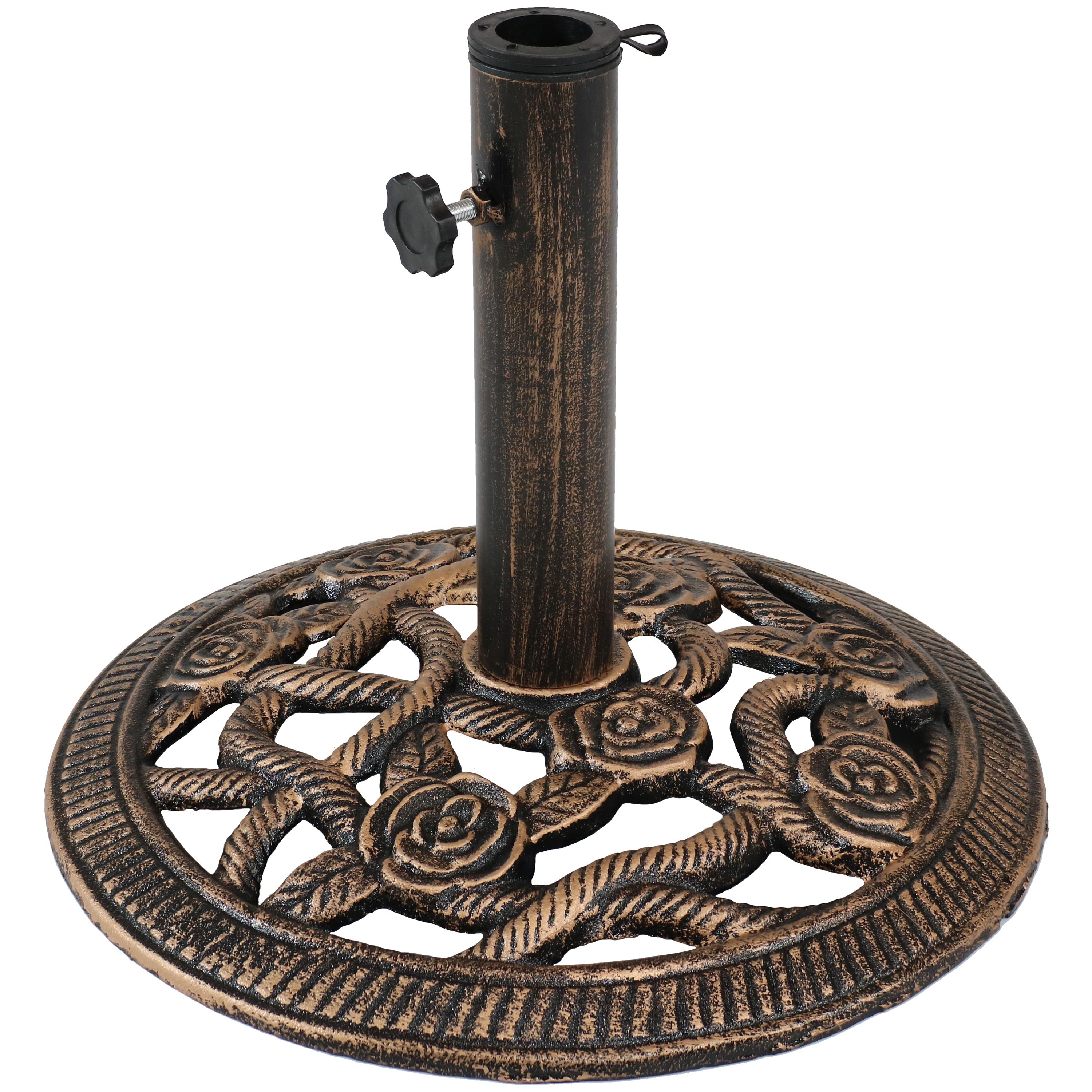 Sunnydaze Rose Blossom Cast Iron Patio Umbrella Base - 16 Inch Diameter, Heavy Duty Outdoor Umbrella Stand for Garden, Deck, Poolside & Backyard Use