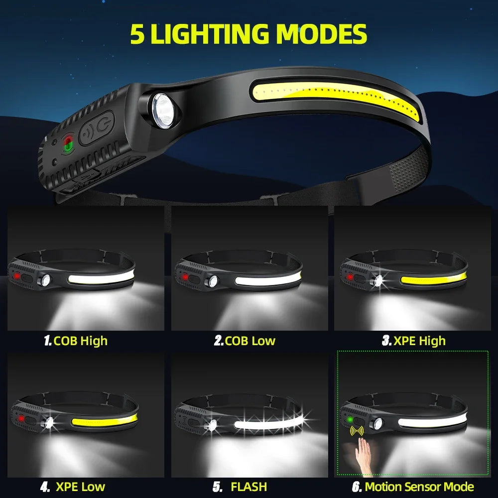 USB Rechargeable LED Sensor Headlamp - XPE+COB Bright Headlight with Motion Detection, Adjustable Head Torch for Camping, Hiking, Fishing & Outdoor Activities | Waterproof Flashlight for Night Work & Emergency Use
