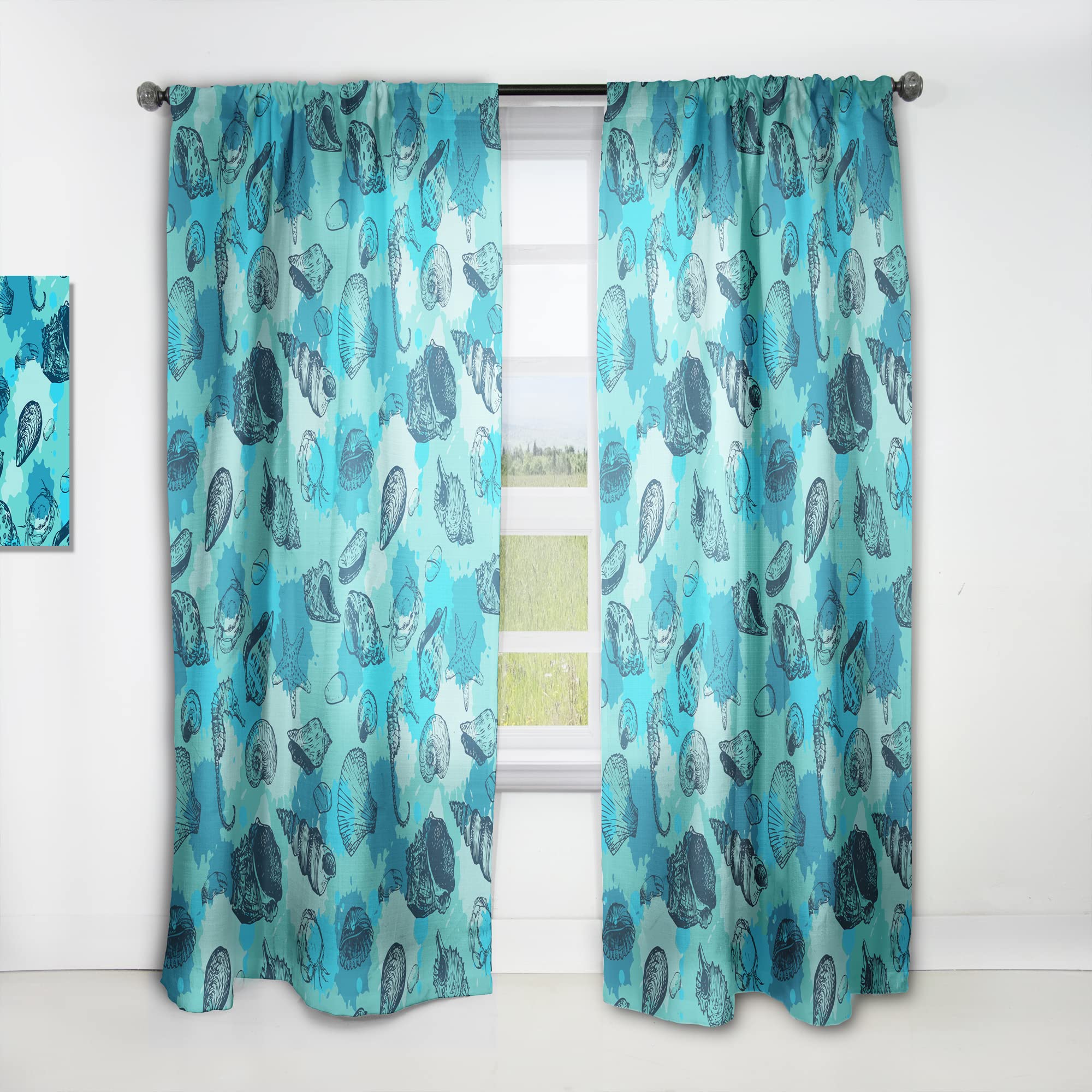 DesignQ Thermal Insulated Curtains - Single Panel 52x90 Inches, Coastal Shell Line Drawing Pattern for Bedroom & Living Room - Blackout Drapes for Privacy, Energy Saving & Noise Reduction - Perfect for Beach House, Nursery or Coastal Decor Theme