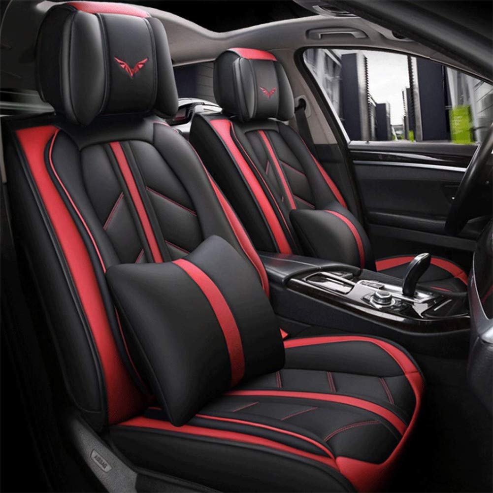 Universal 5-Seat Car Seat Cover - Adjustable Four Seasons Artificial Leather Cushion in Brown/Beige & Red | For SUVs, Sedans & Trucks | Waterproof & Comfortable Driving Protection