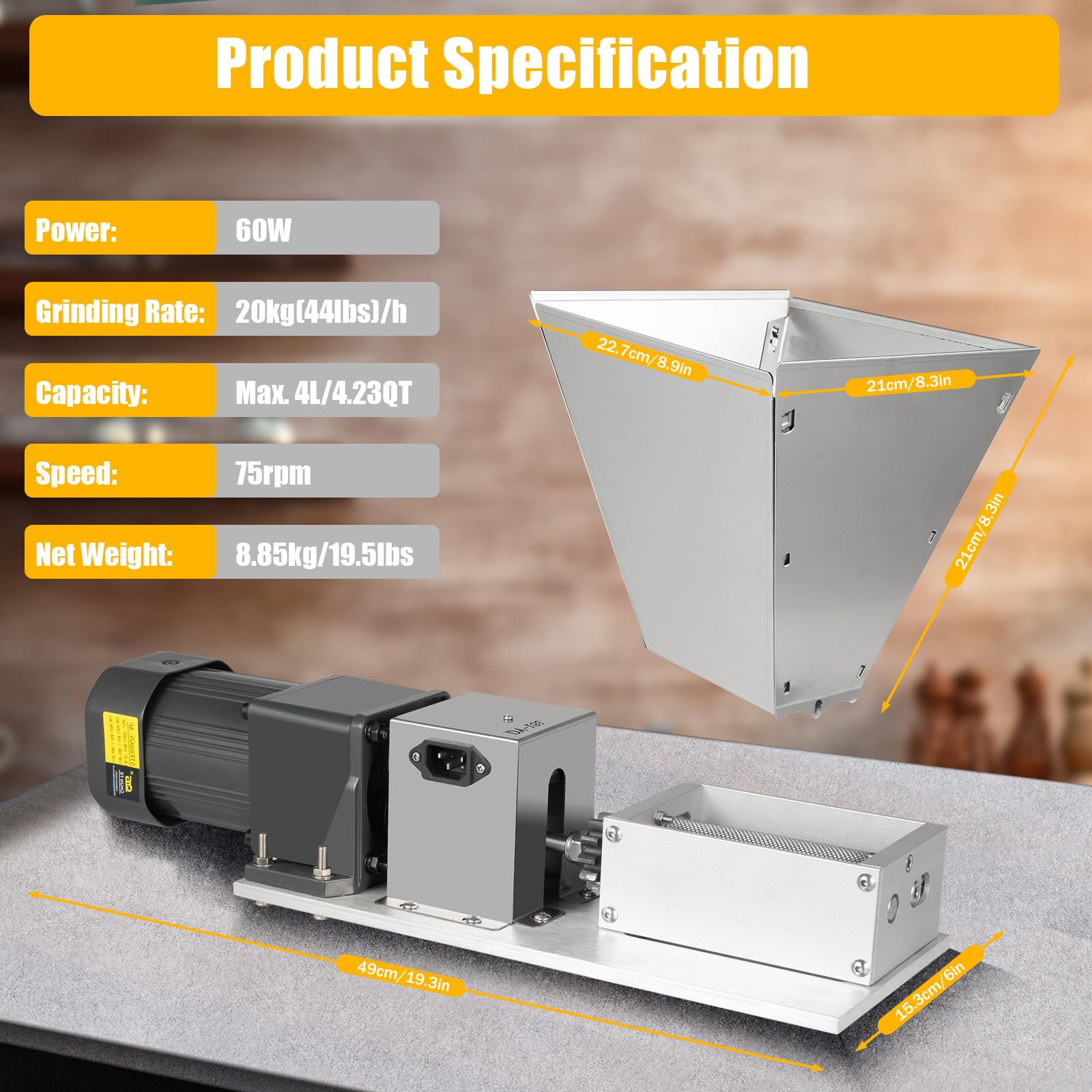 60W Electric Grain Mill Grinder - Stainless Steel Malt Crusher for Barley, Corn & Wheat - Home Brewing & Baking - 2 Rollers with 11lbs Hopper - Food Grade 110V US Plug (Perfect for Home Brewers, Bakers & Coffee Enthusiasts)