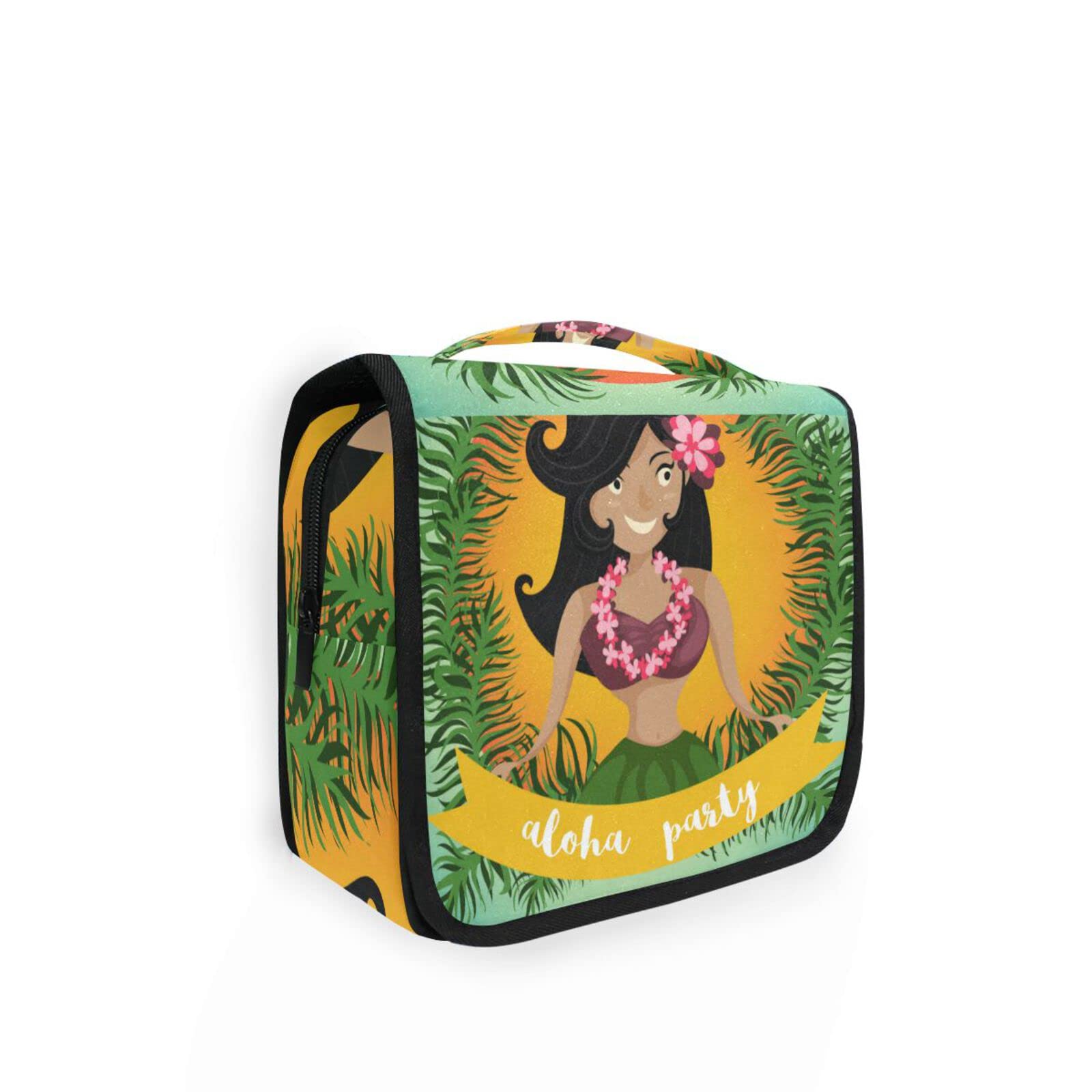 Hawaiian Aloha Hula Dancing Girl Toiletry Bag with Palm Leaves & Ribbon - Hanging Cosmetic Organizer for Travel, Makeup Pouch Storage for Women & Men - Perfect for Beach Vacations, Gym & Weekend Getaways